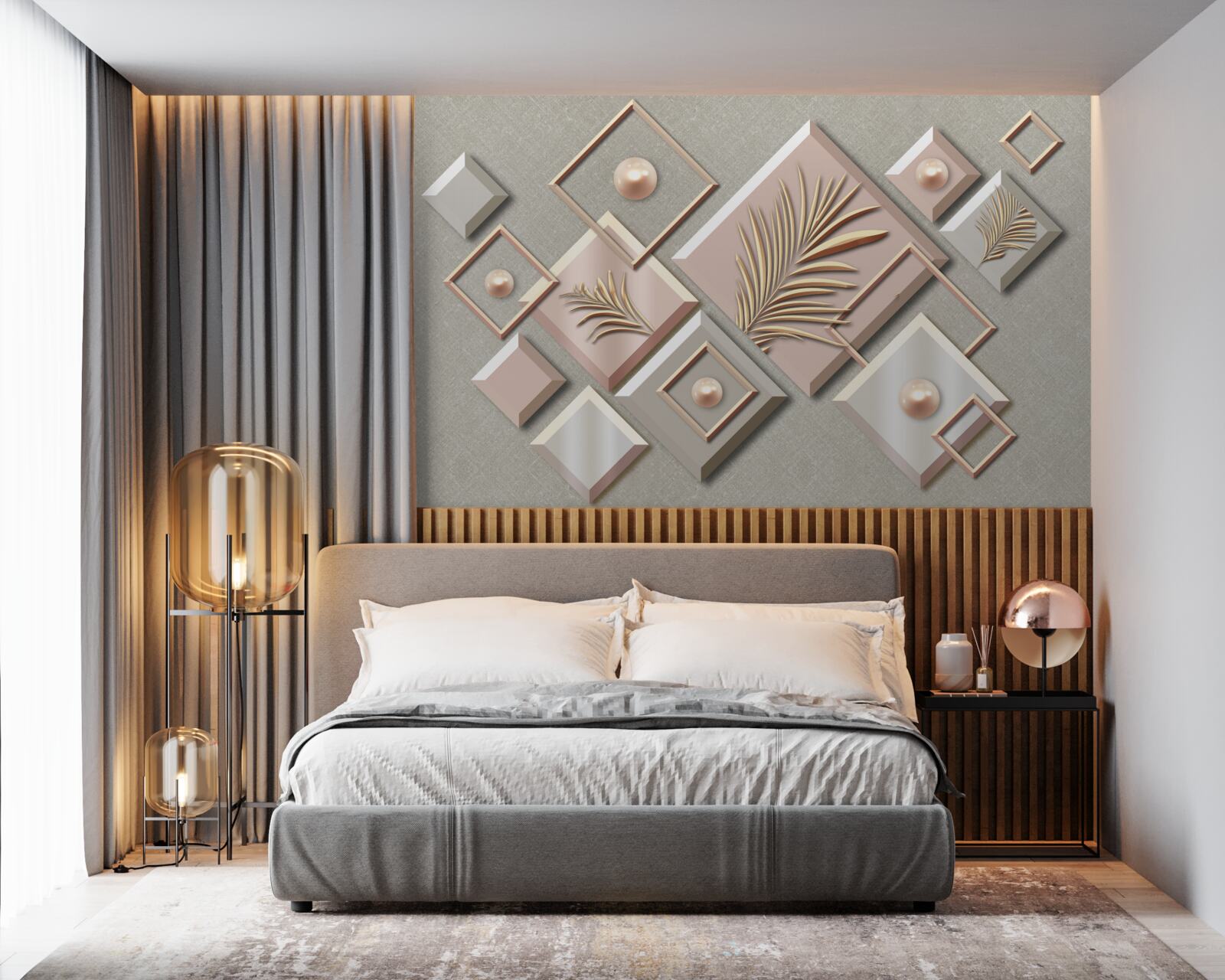 Papier peint abstrait en forme de rectangles avec des feuilles