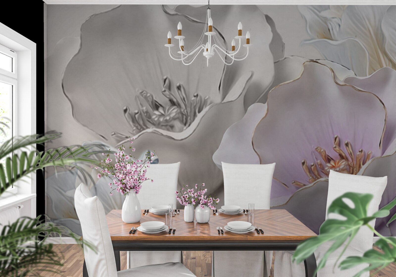 Papier peint des fleurs gracieuses et blanches comme de la porcelaine