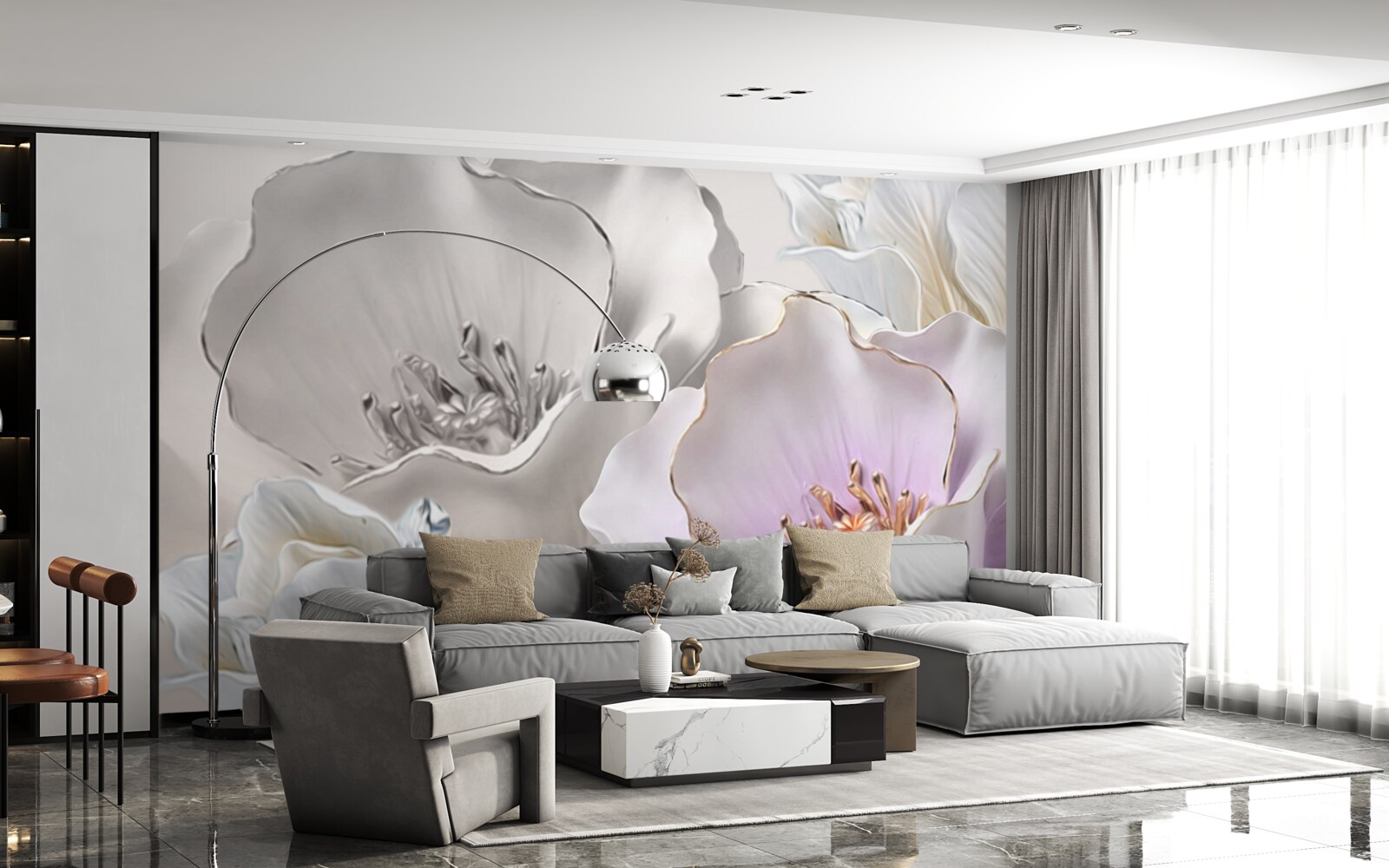 Papier peint des fleurs gracieuses et blanches comme de la porcelaine