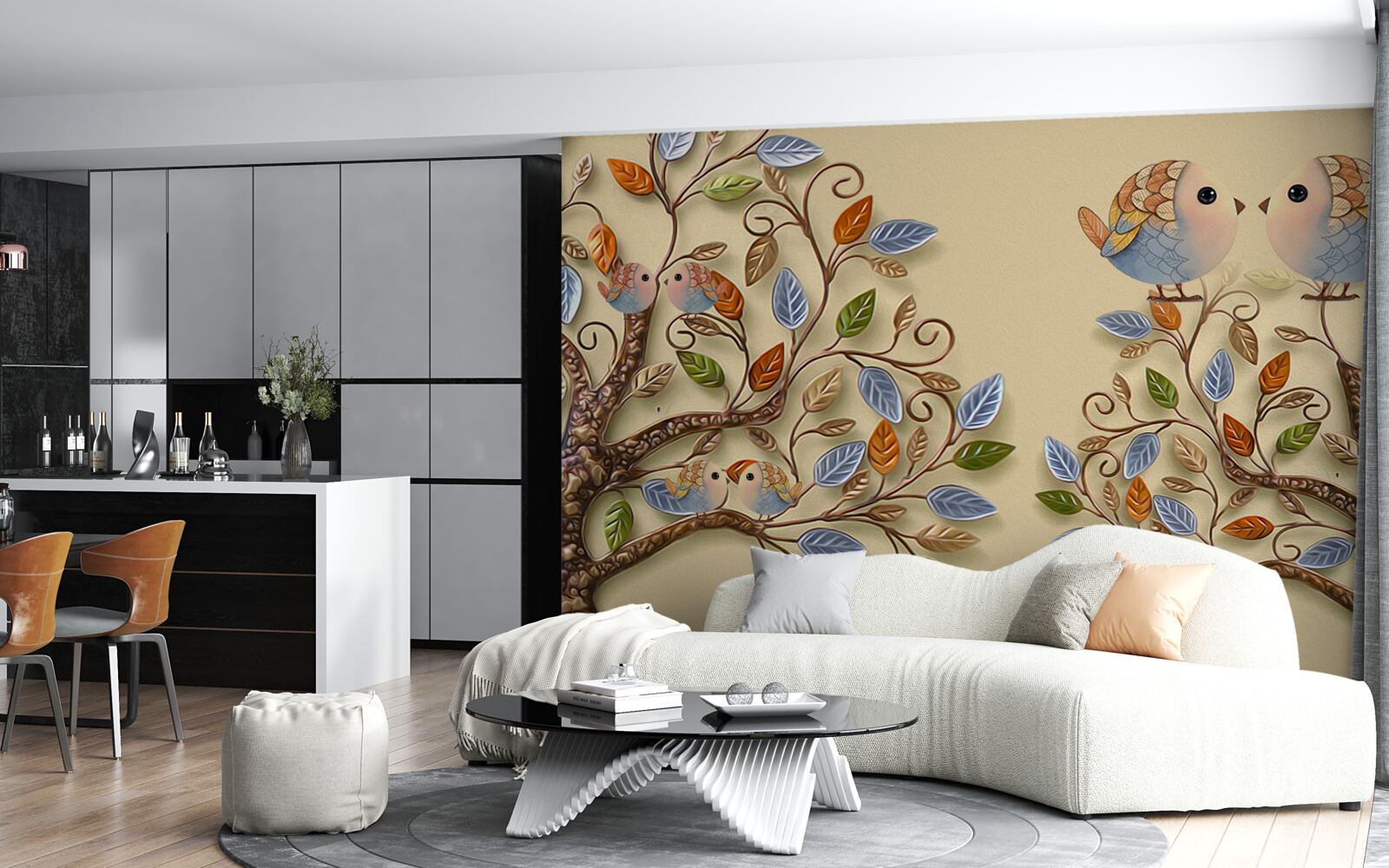 Papier peint arbres d'automne avec oiseaux
