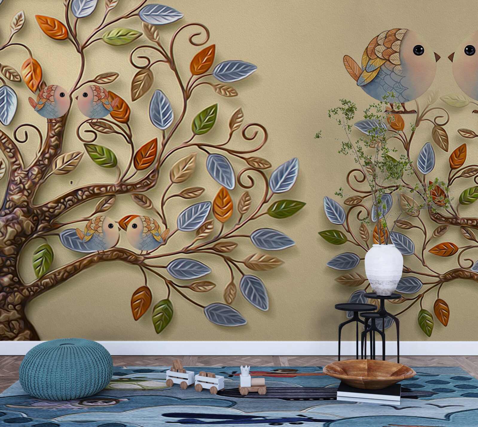 Papier peint arbres d'automne avec oiseaux