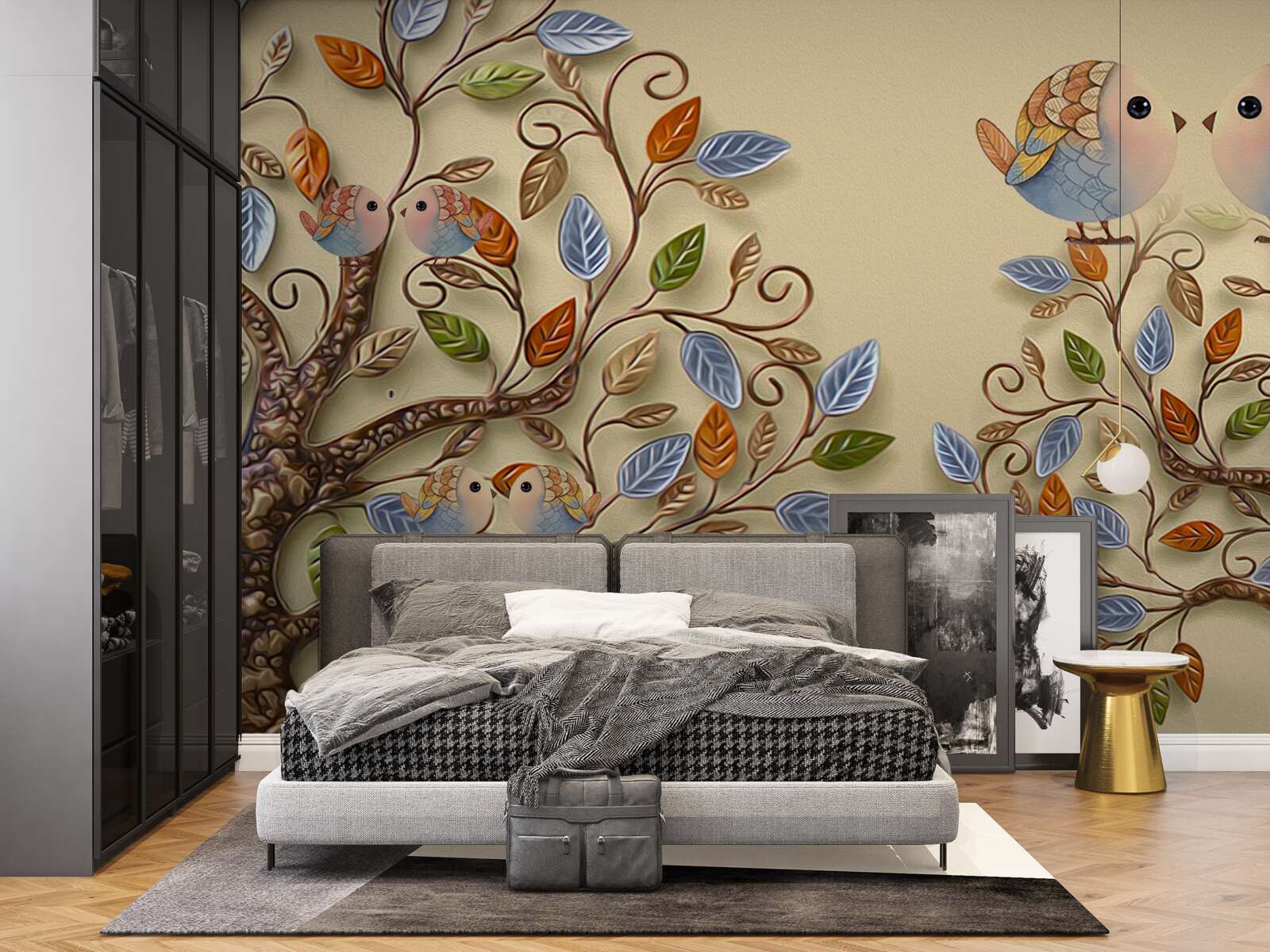 Papier peint arbres d'automne avec oiseaux