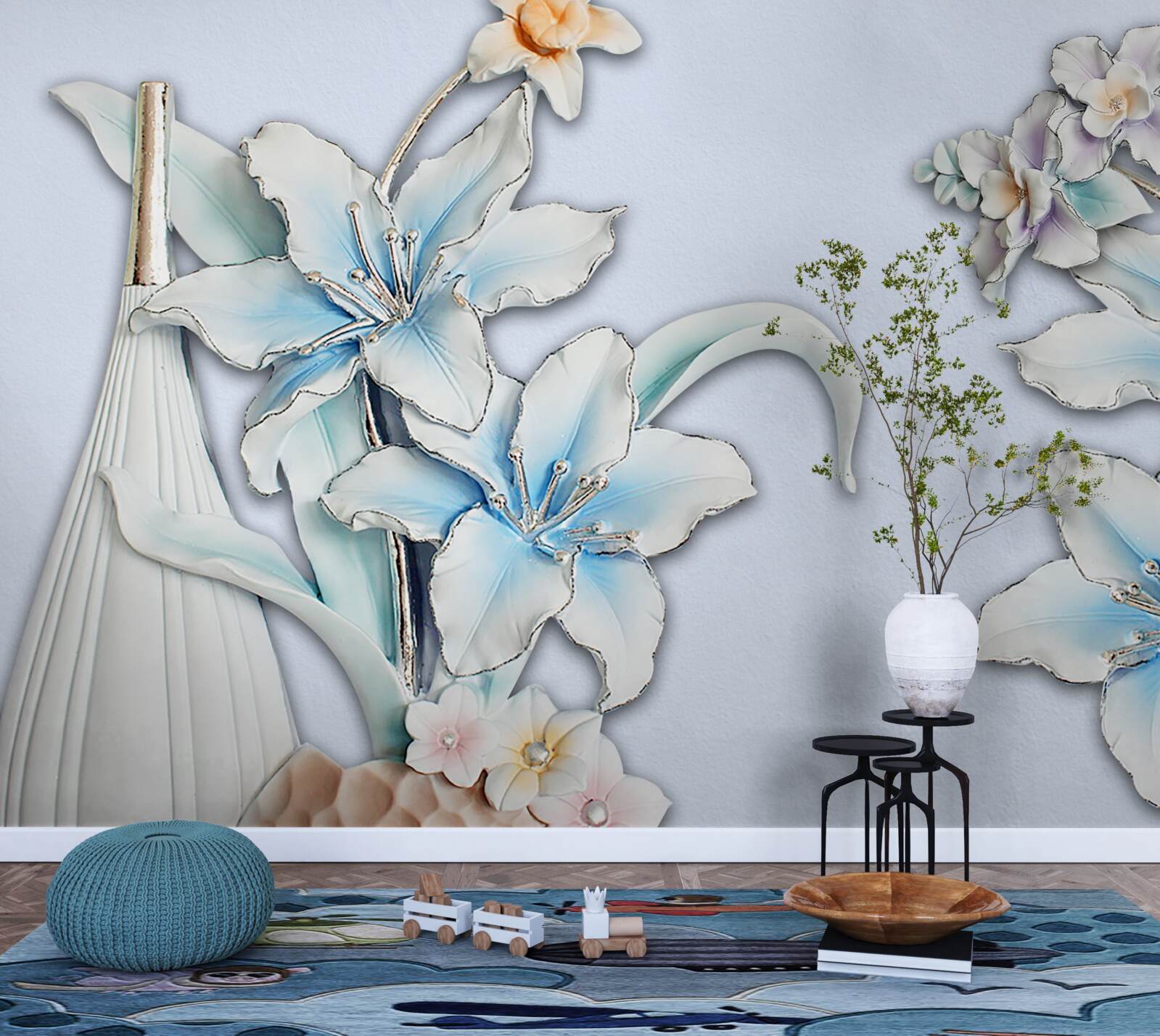 Papier peint bouquet de lys blancs et bleus