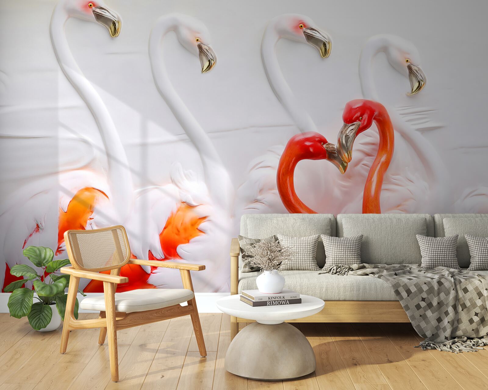 Papier peint flamants roses et blancs