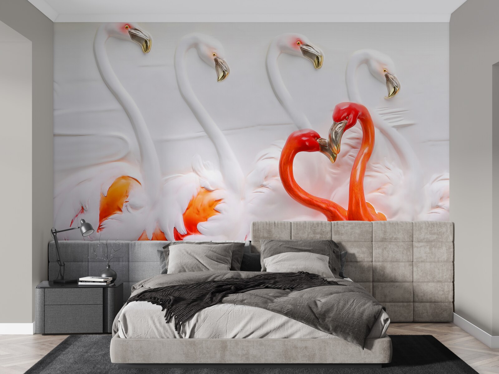 Papier peint flamants roses et blancs