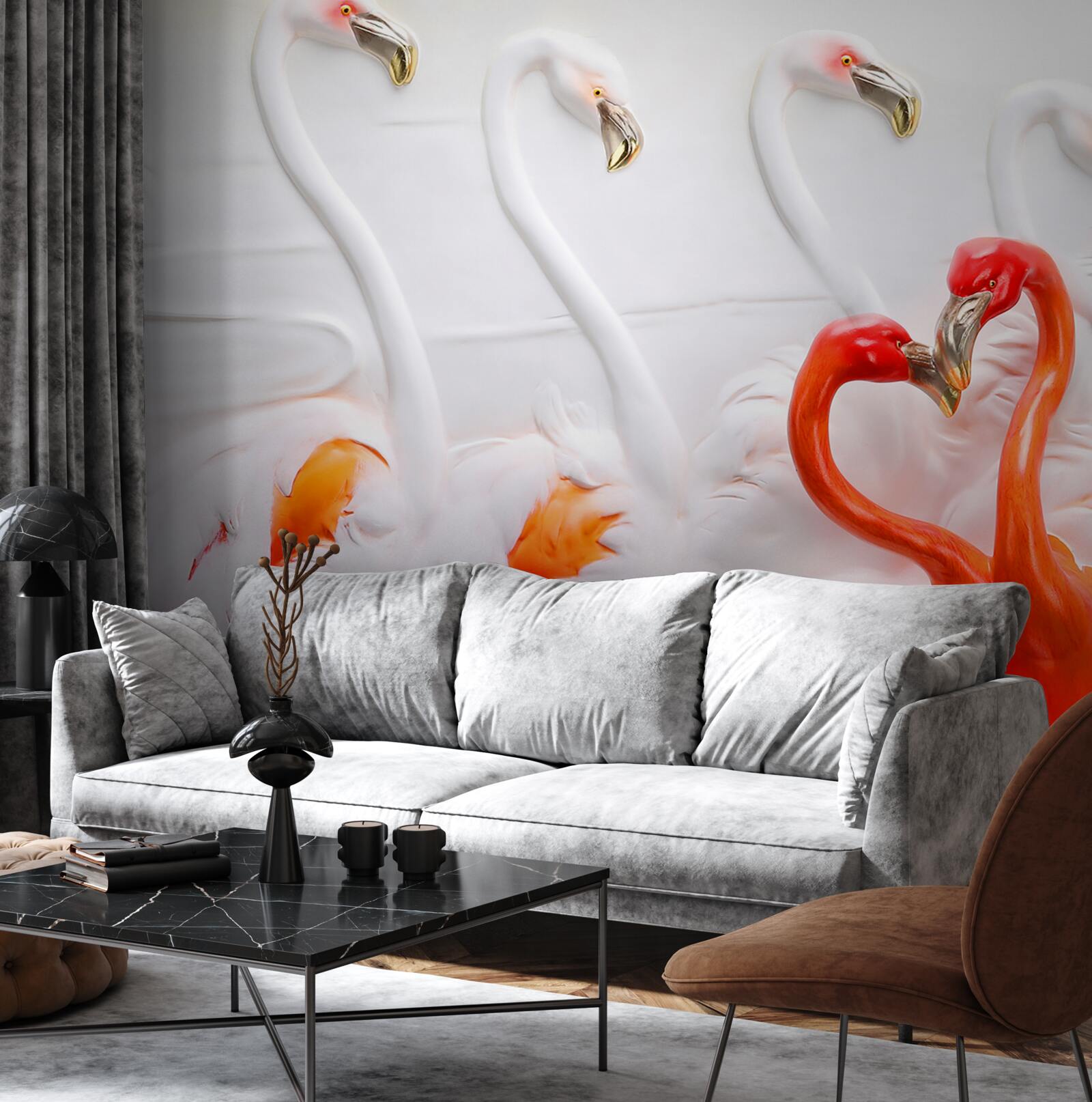 Papier peint flamants roses et blancs