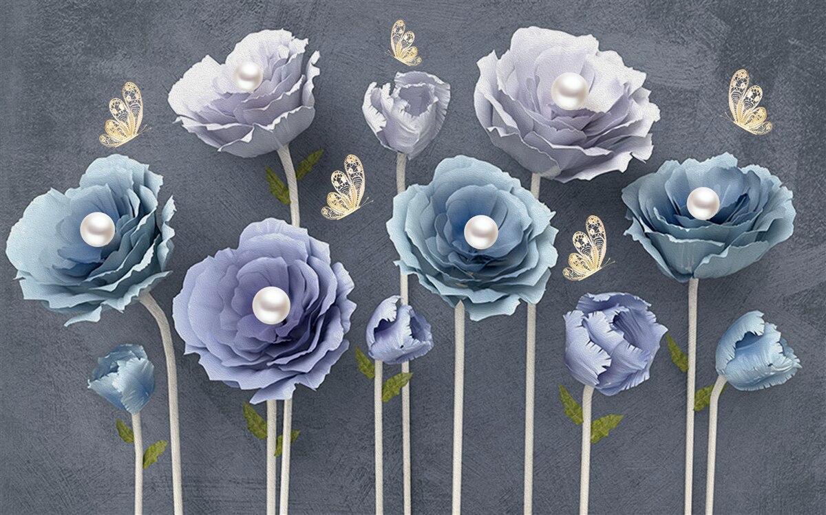Papier peint coquelicots gracieux bleus et blancs avec papillons
