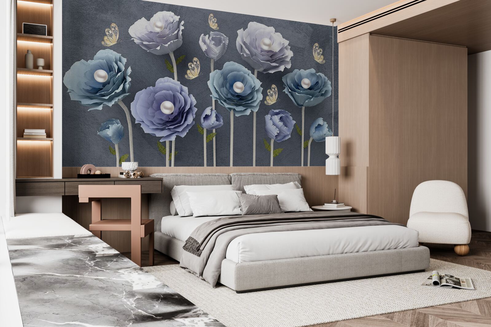 Papier peint coquelicots gracieux bleus et blancs avec papillons