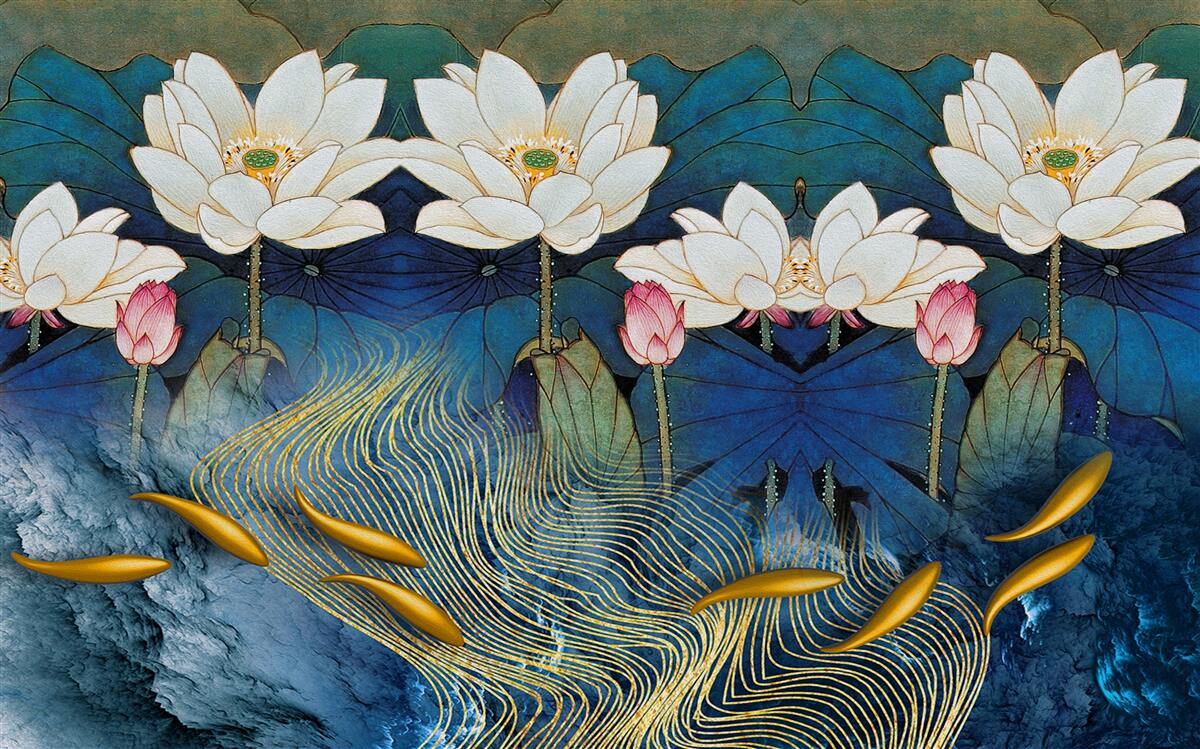 Papier peint l'eau bleue décorée de lotus blancs