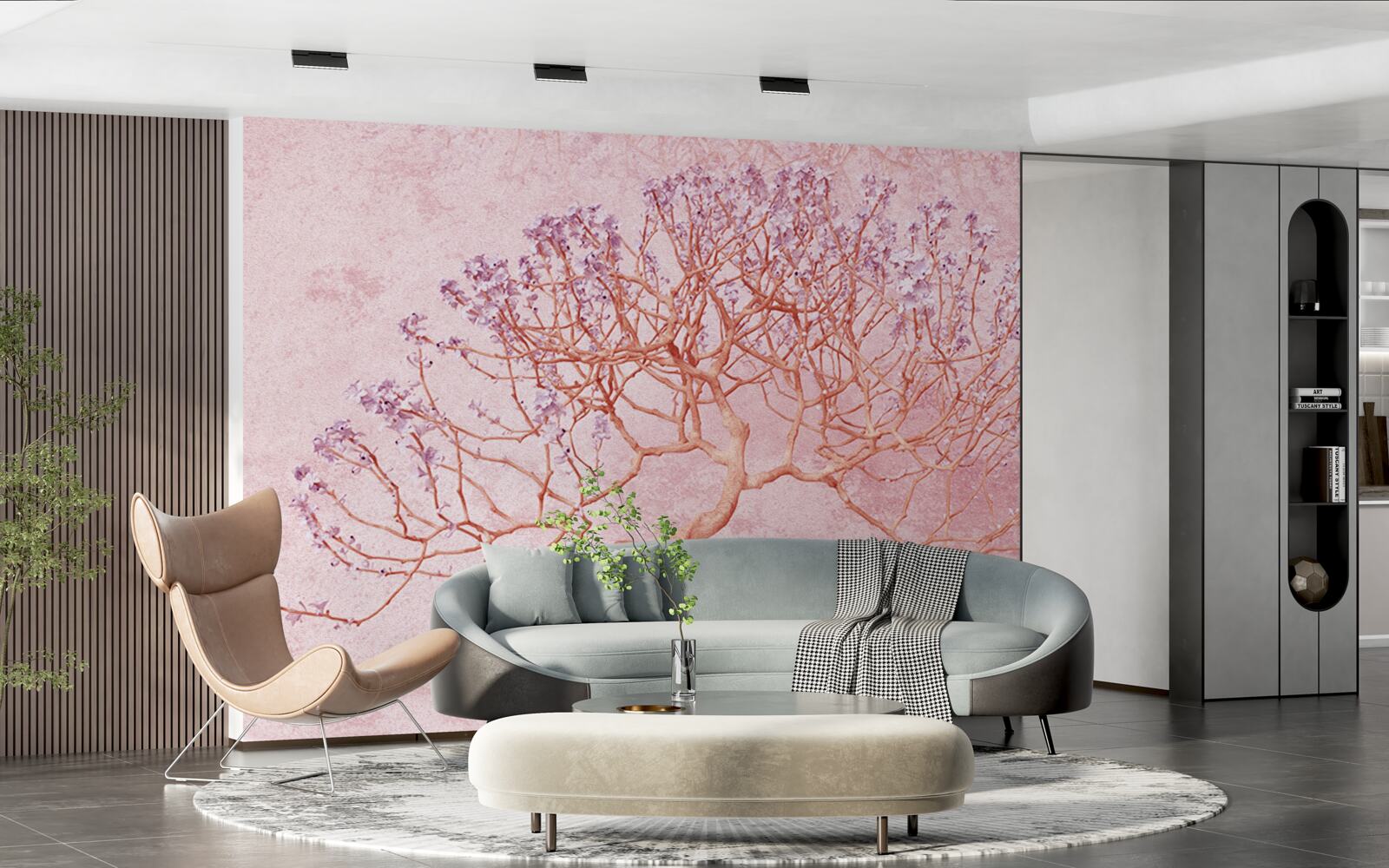 Papier peint arbre à fleurs avec des fleurs roses délicates