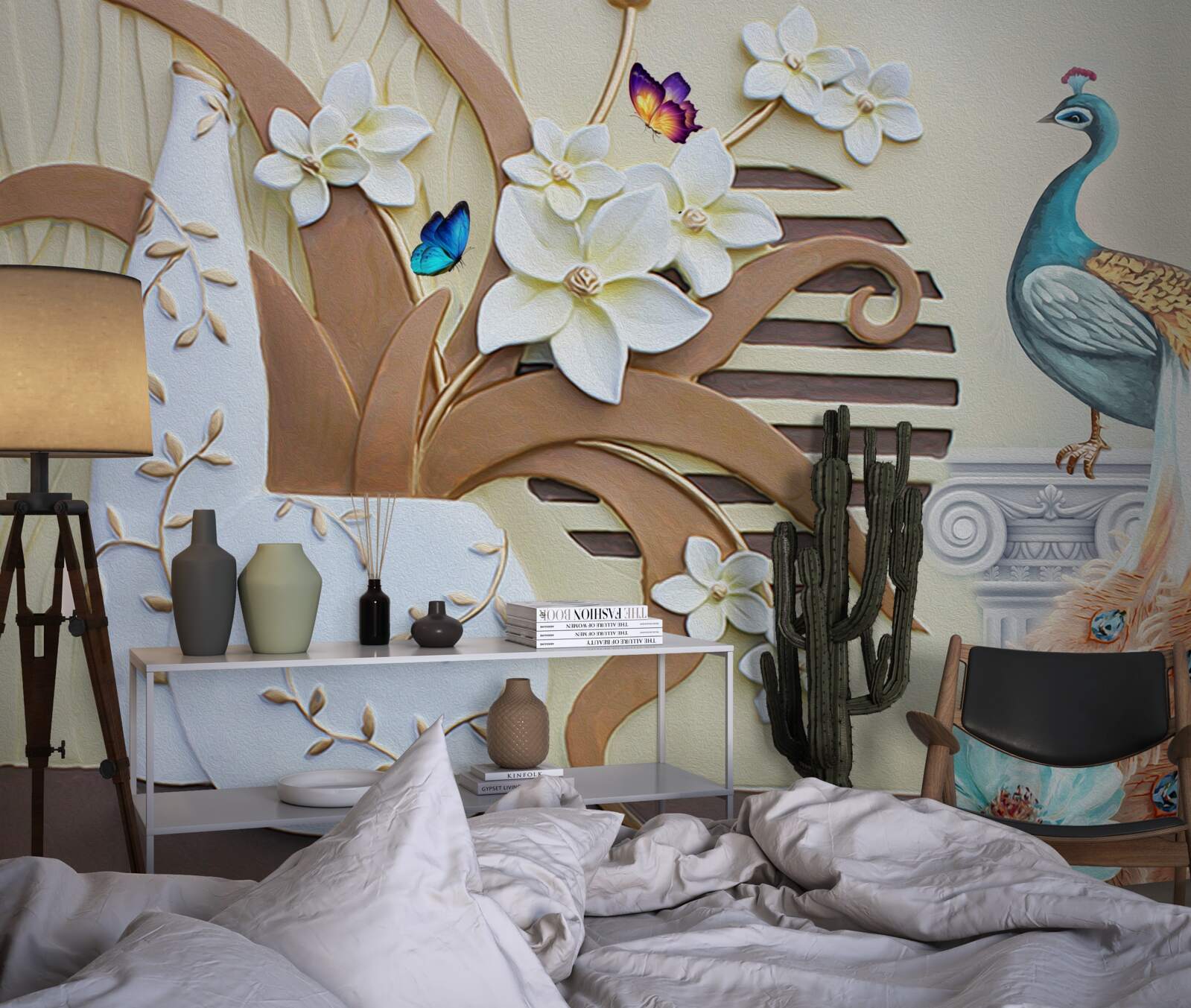 Papier peint luxe floral et paon à la queue magnifique