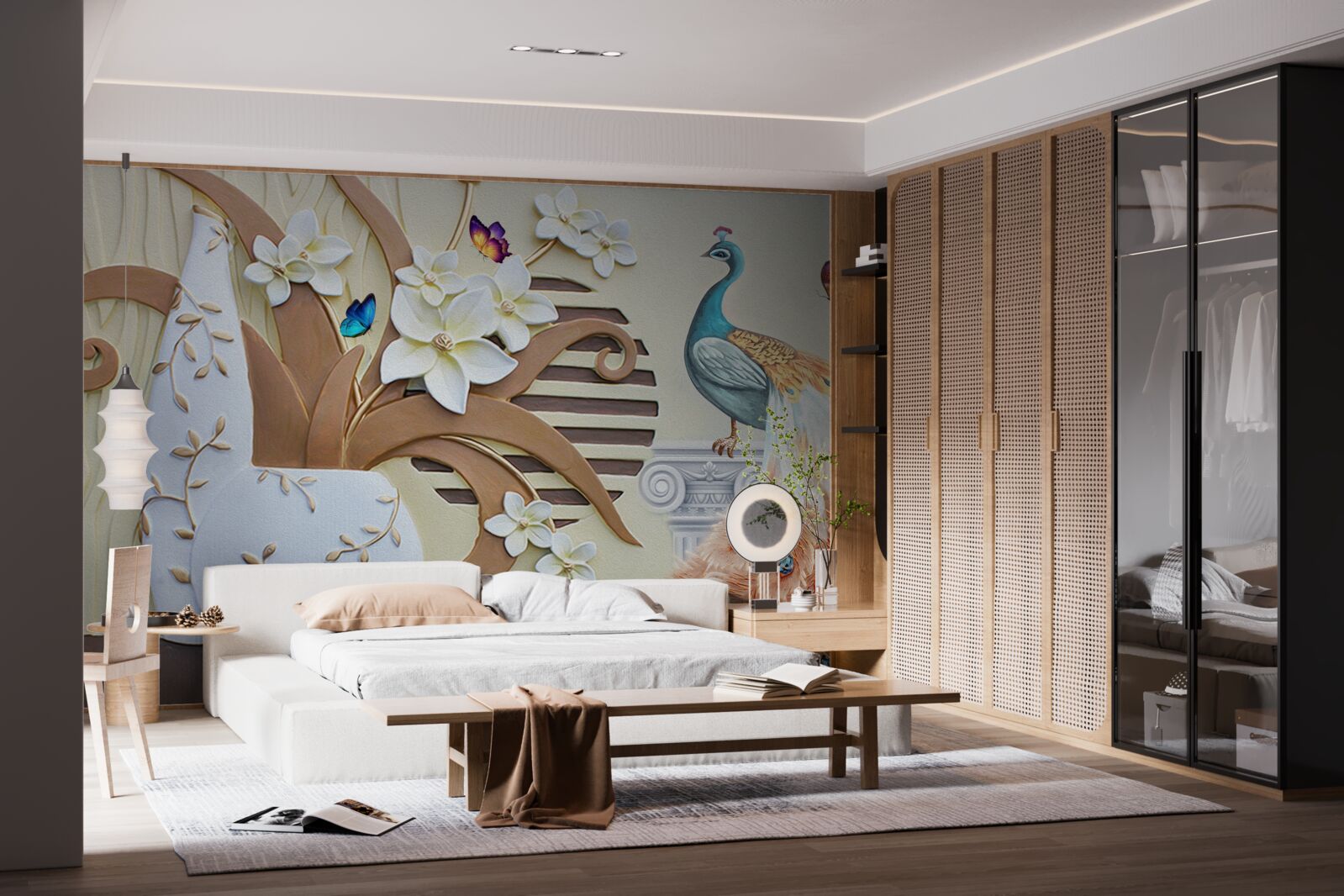 Papier peint luxe floral et paon à la queue magnifique