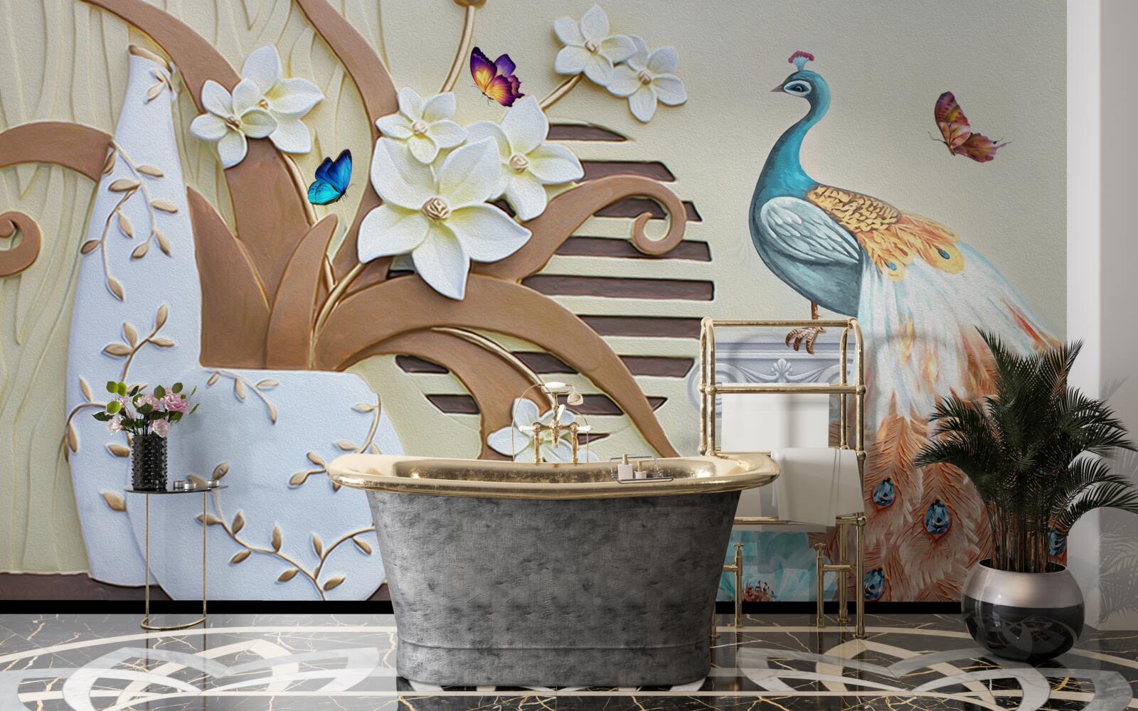 Papier peint luxe floral et paon à la queue magnifique