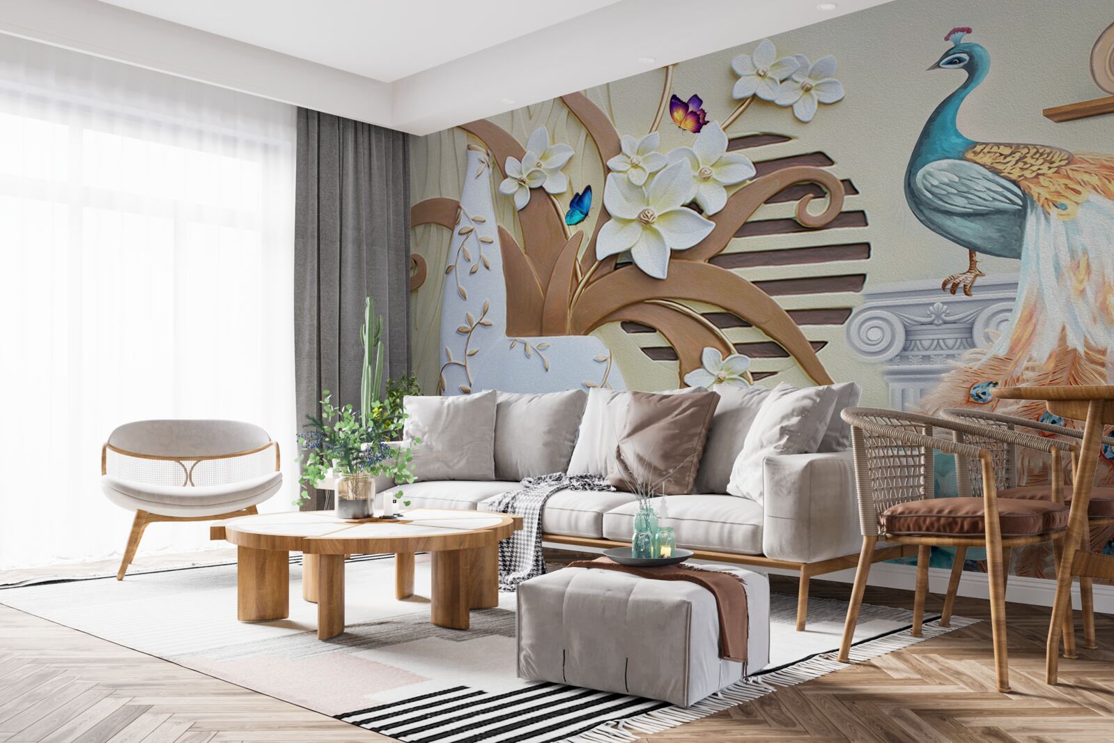 Papier peint luxe floral et paon à la queue magnifique
