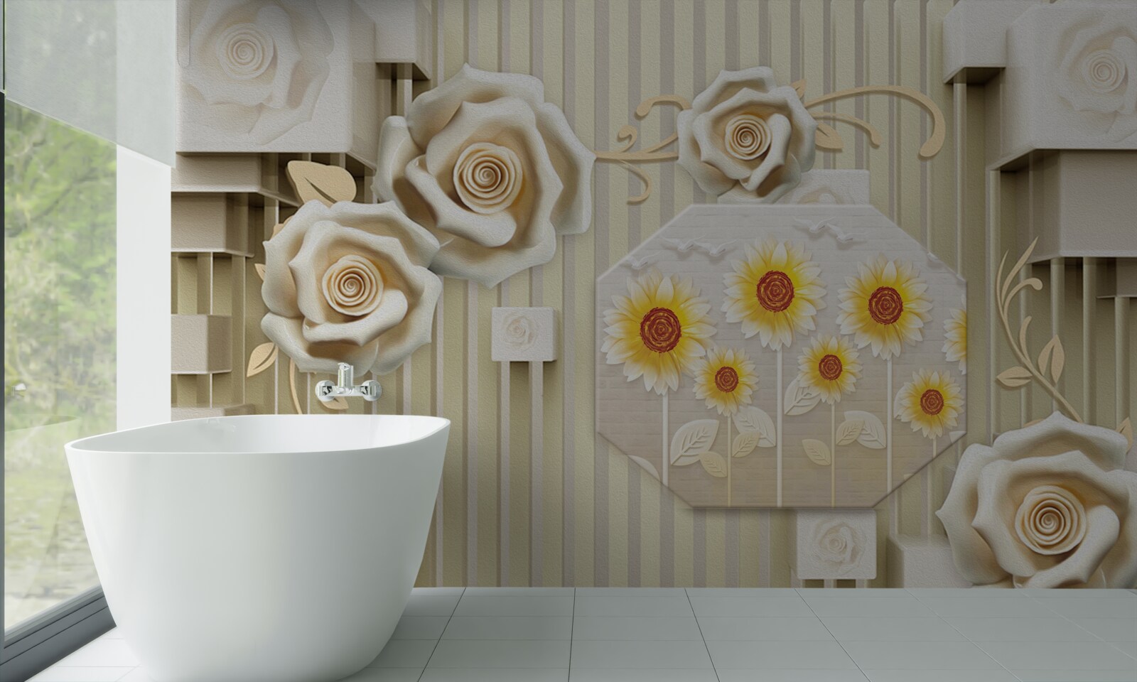 Papier peint rose or pâle et tournesols