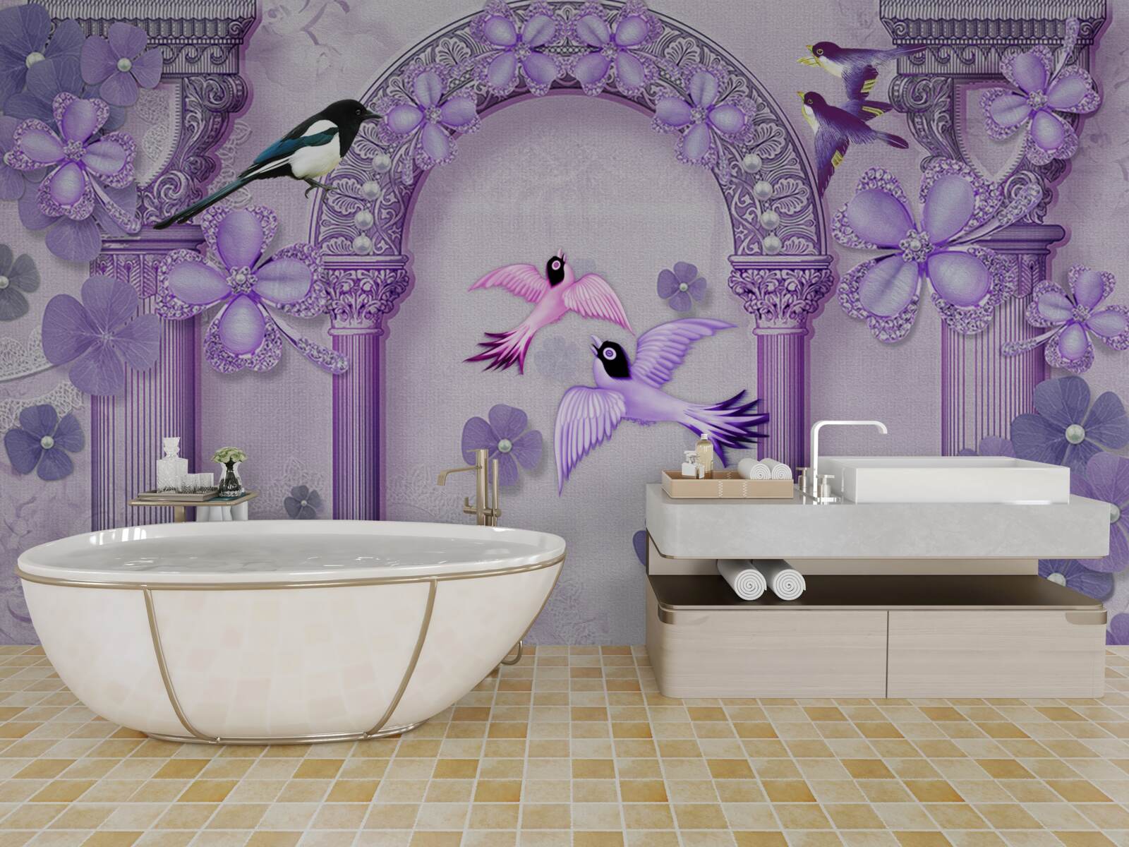 Papier peint Arche florale dans les tons violets