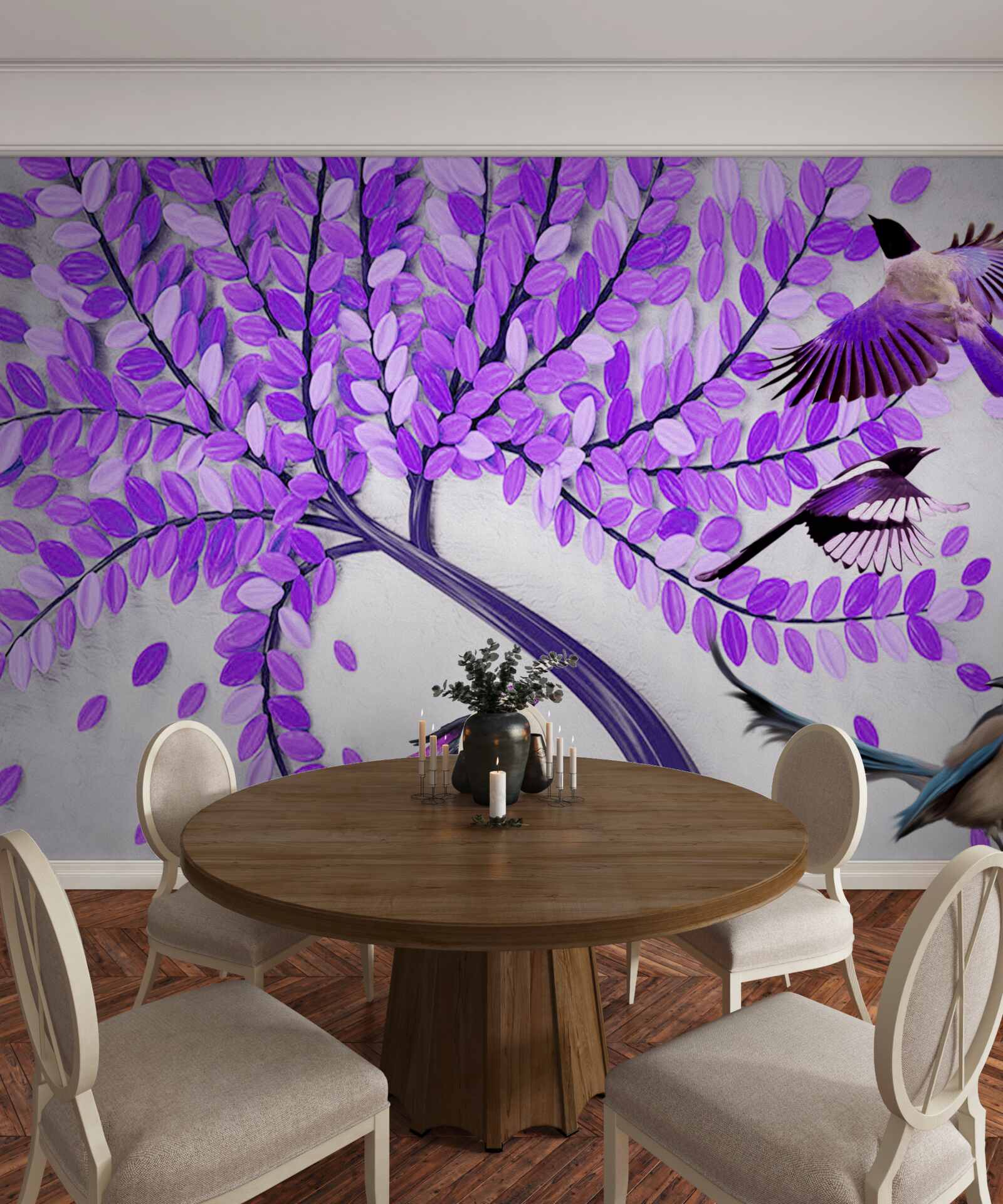 Papier peint Fleurs de lilas vivantes et plumes d'hiver