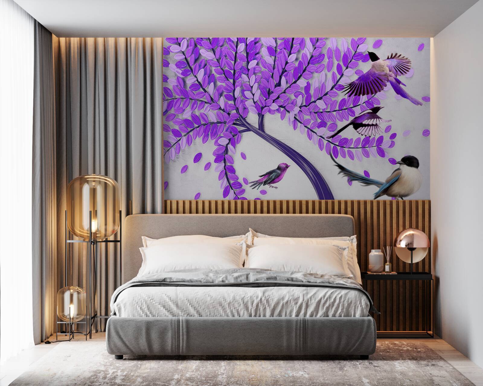 Papier peint Fleurs de lilas vivantes et plumes d'hiver