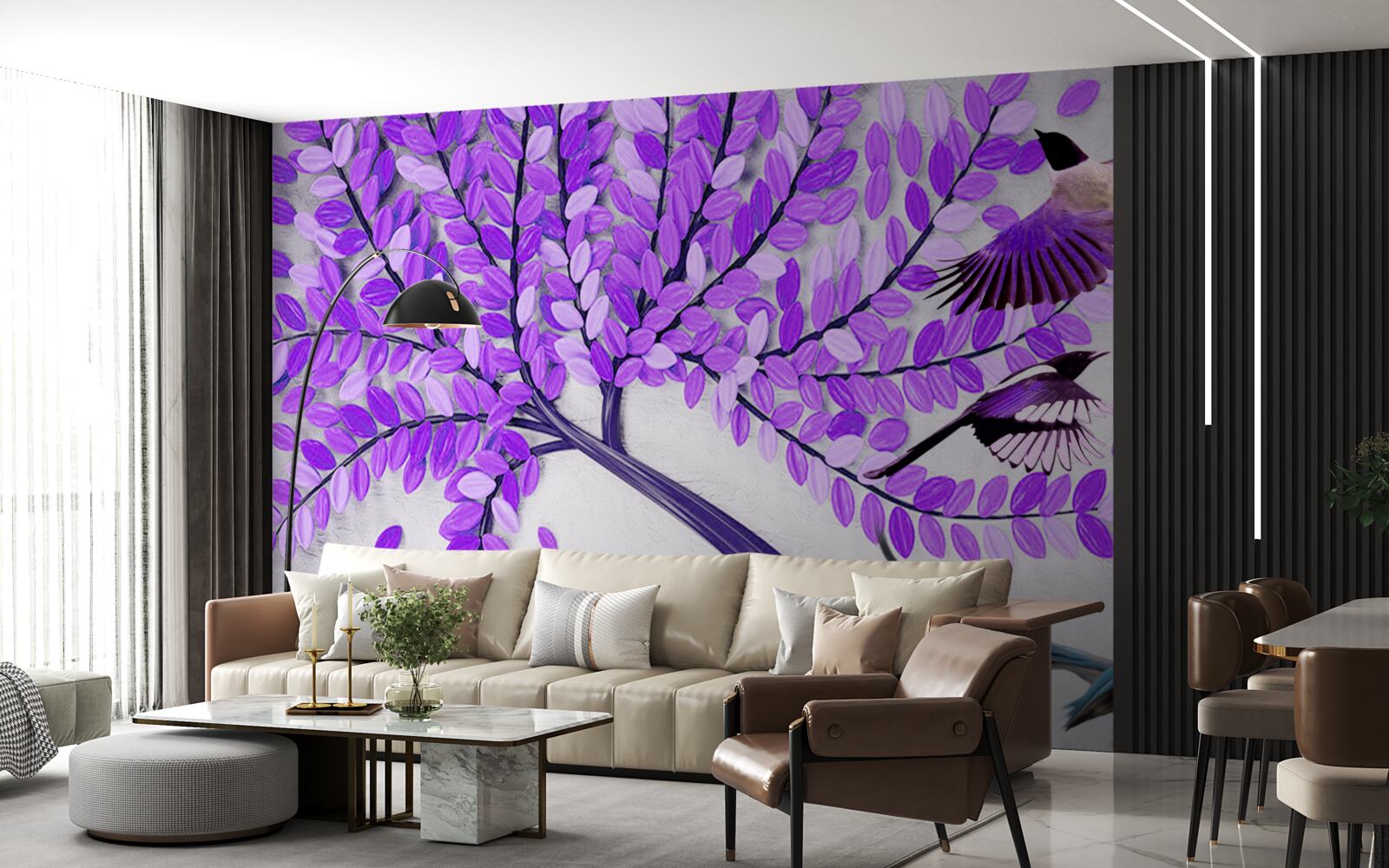 Papier peint Fleurs de lilas vivantes et plumes d'hiver