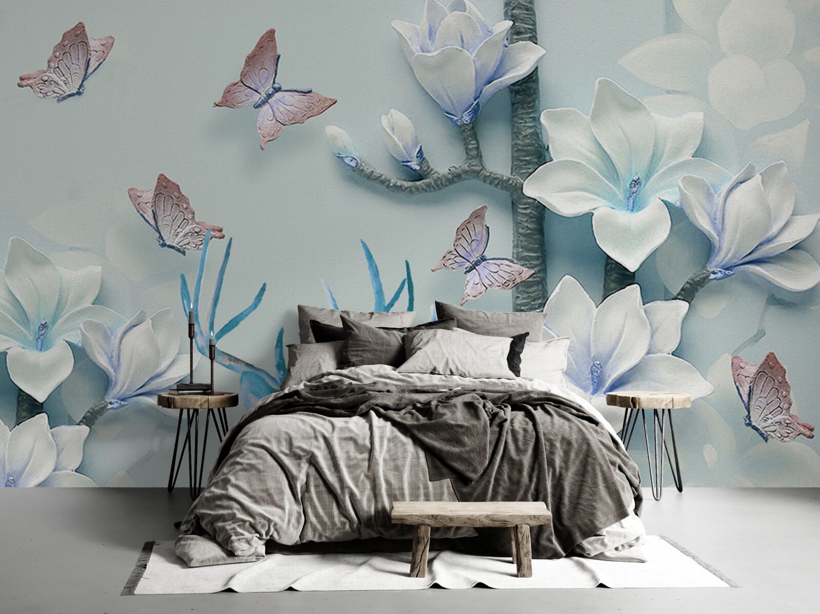 Papier peint cerfs, magnolia blanc et papillons