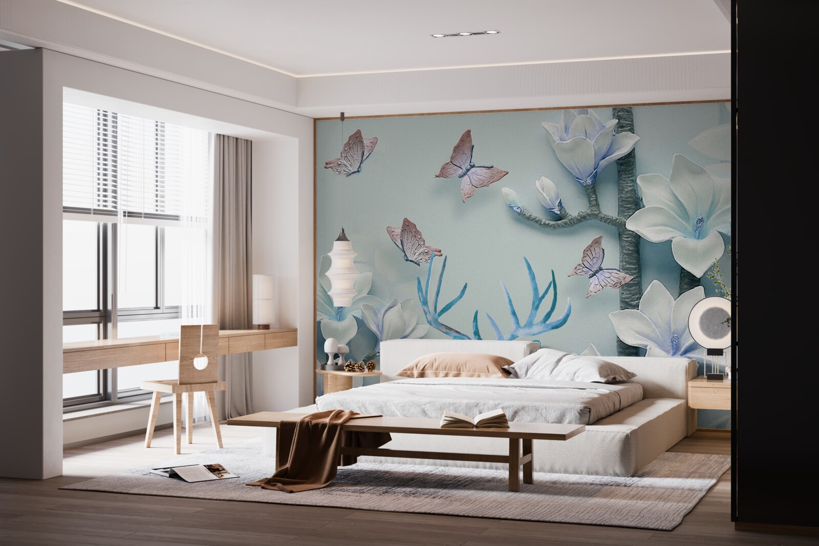 Papier peint cerfs, magnolia blanc et papillons