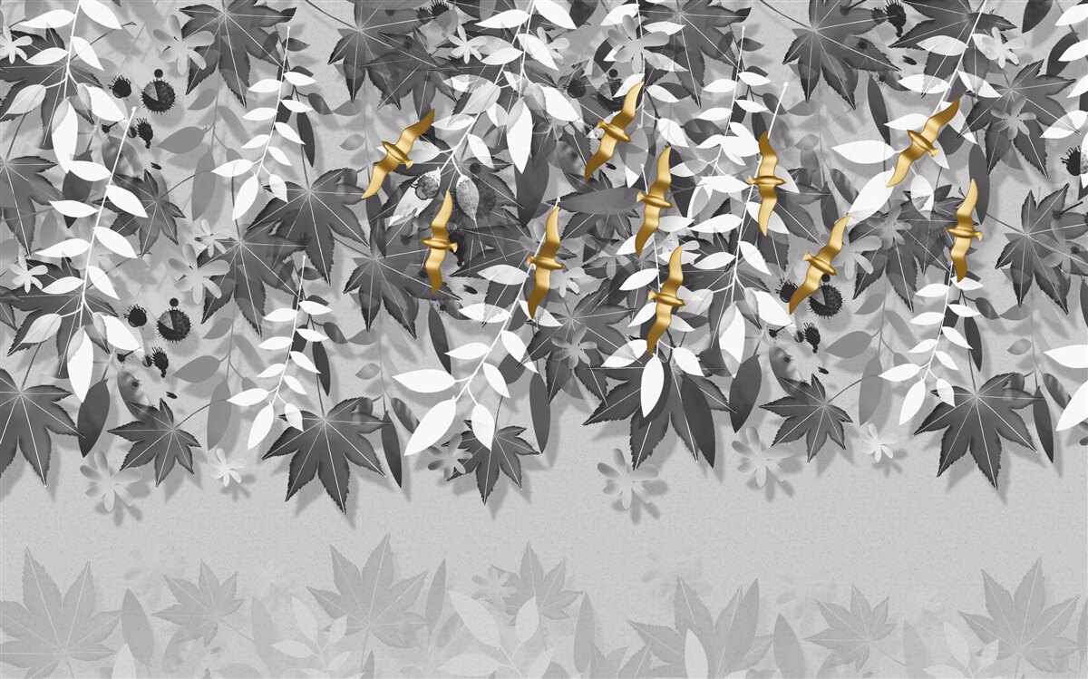 Papier peint les branches sont blanches comme la neige avec des fleurs dorées
