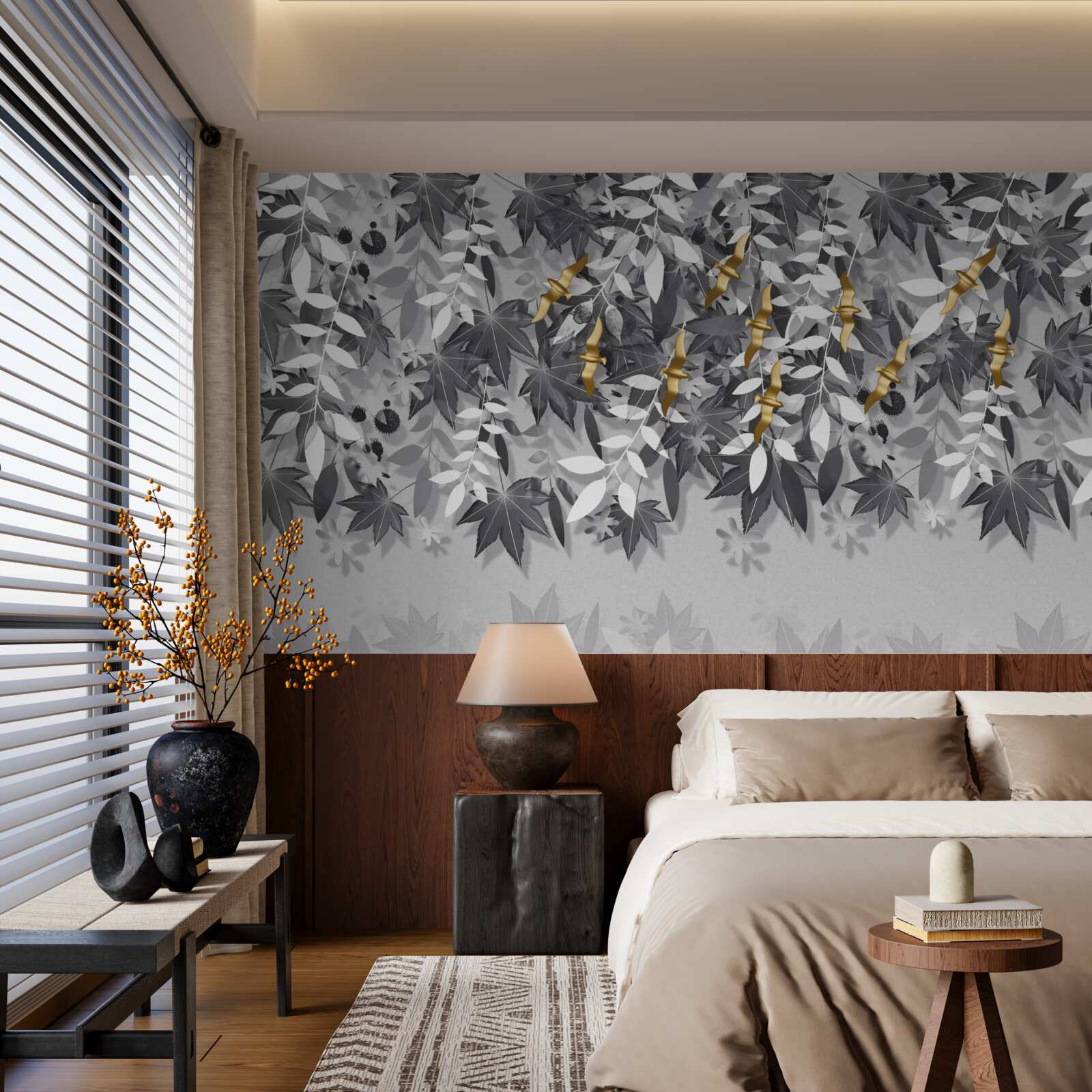 Papier peint les branches sont blanches comme la neige avec des fleurs dorées