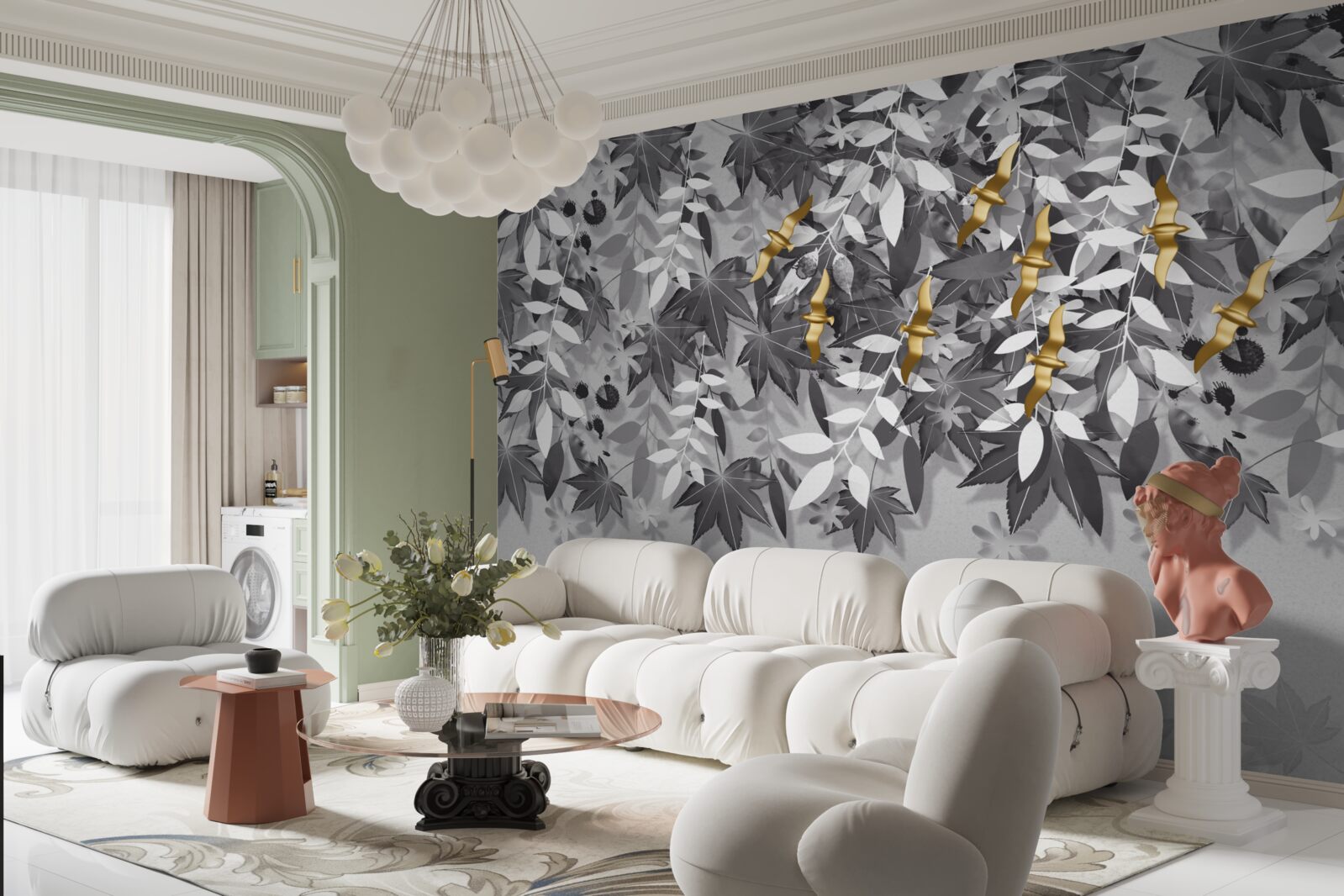 Papier peint les branches sont blanches comme la neige avec des fleurs dorées