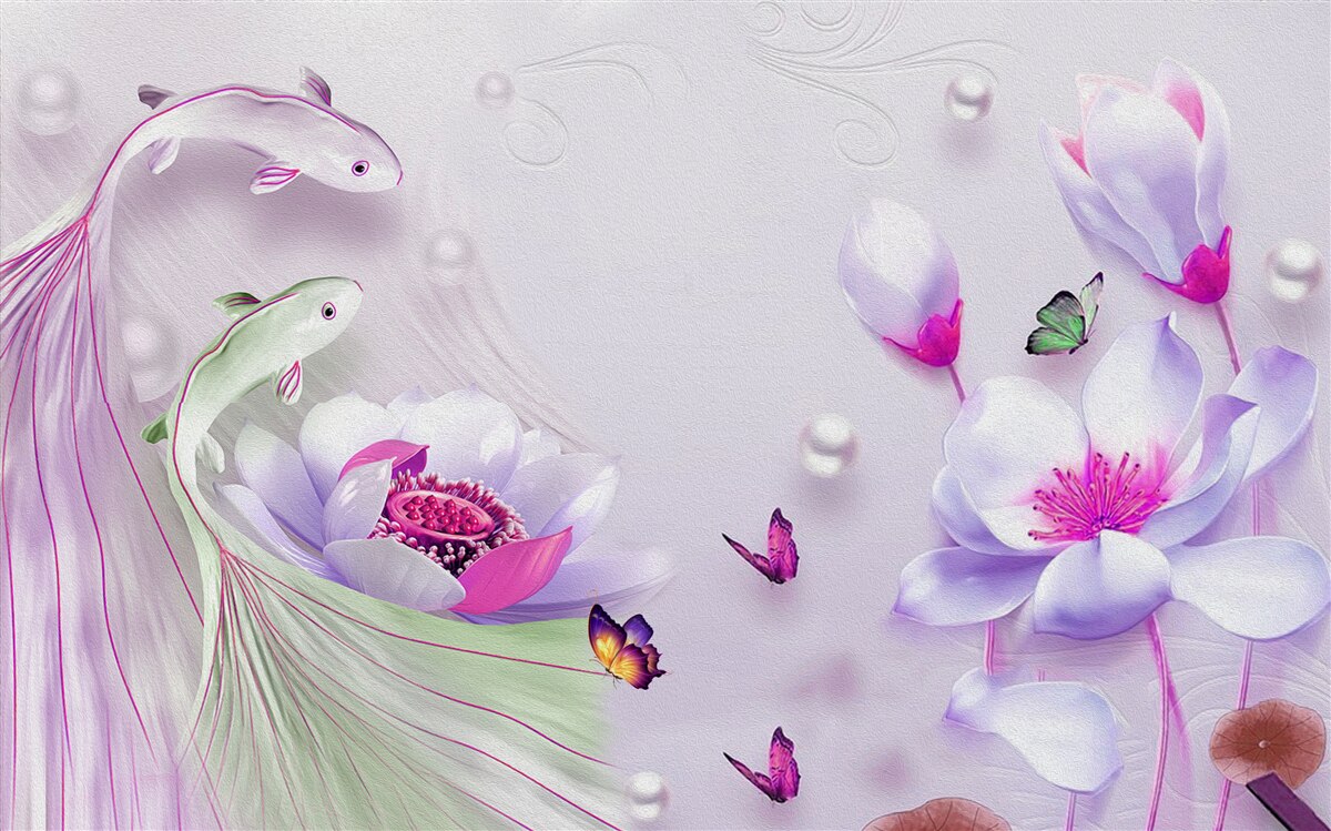 Papier peint Magnolia blanc comme neige et petits poissons