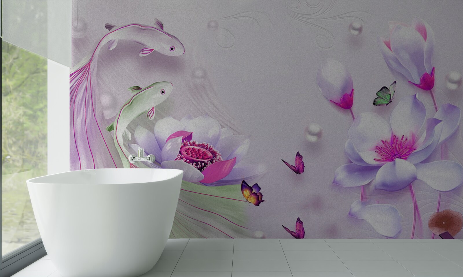 Papier peint Magnolia blanc comme neige et petits poissons
