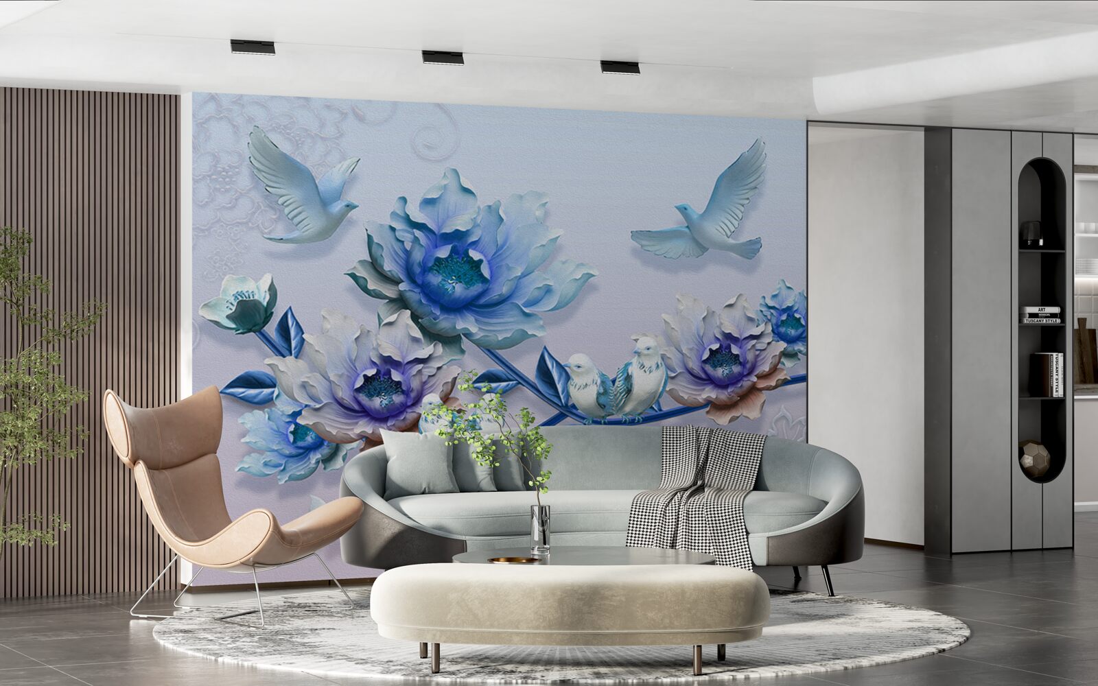 Papier peint une branche entrelacée de fleurs bleues est un paradis pour les pigeons