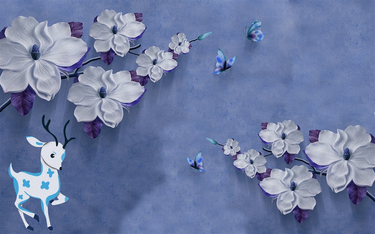 Papier peint cerf sur fond de neige parmi des fleurs blanches