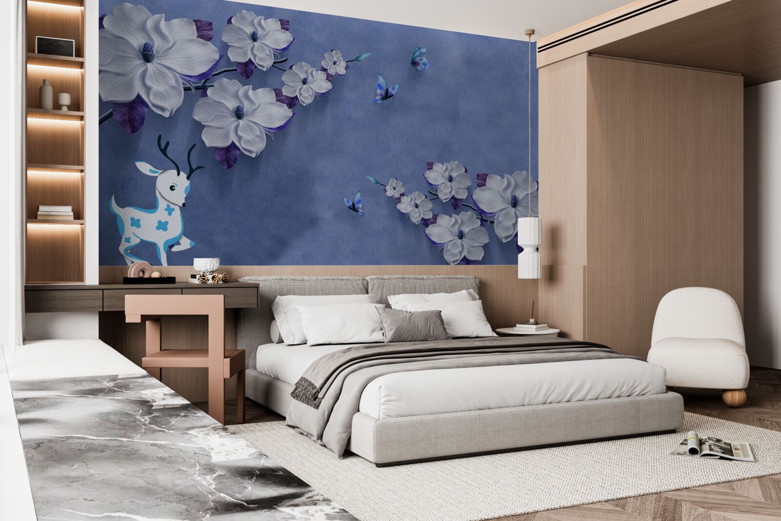 Papier peint cerf sur fond de neige parmi des fleurs blanches