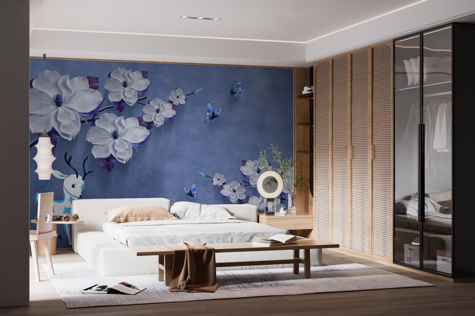 Papier peint cerf sur fond de neige parmi des fleurs blanches