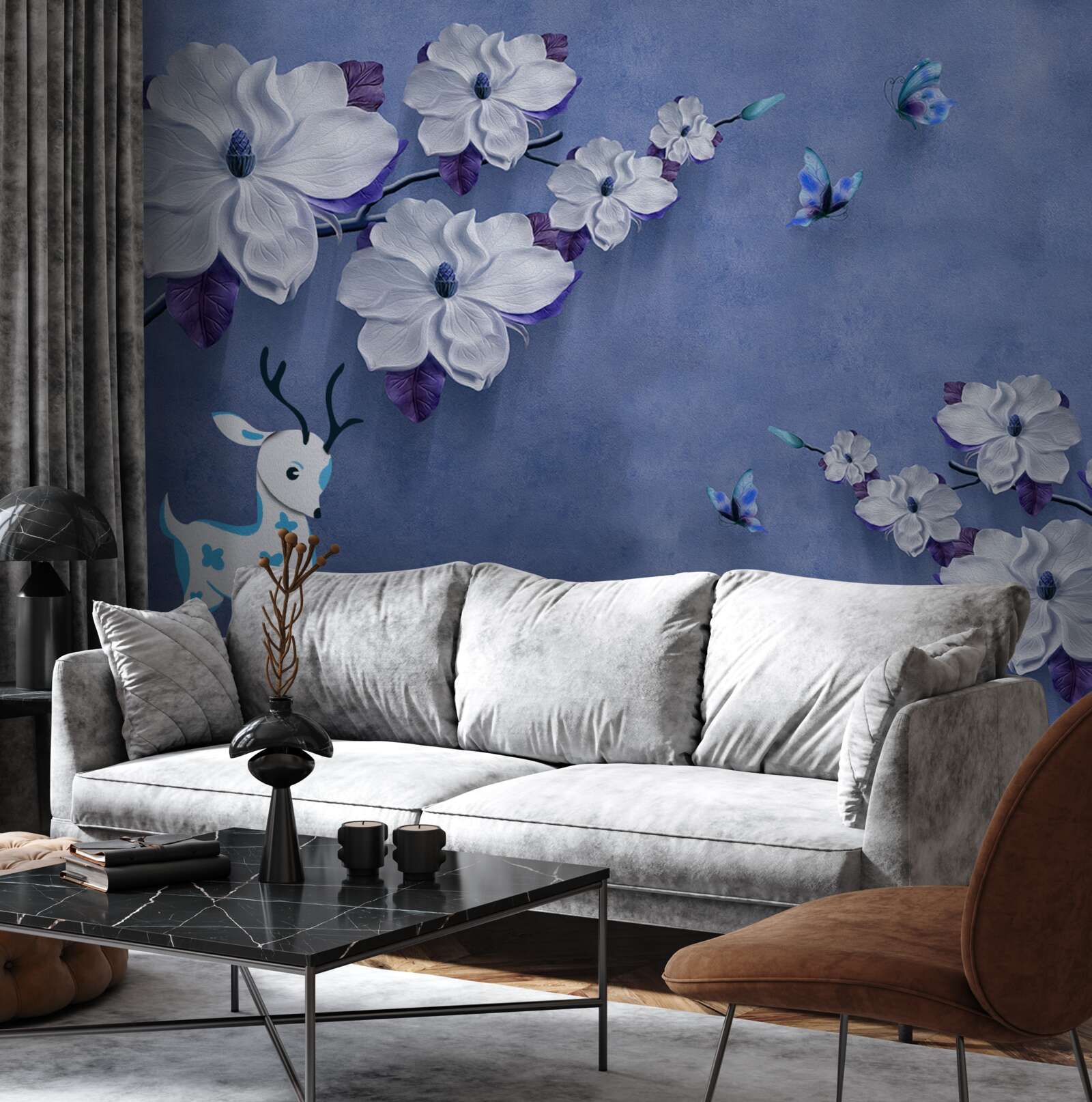 Papier peint cerf sur fond de neige parmi des fleurs blanches