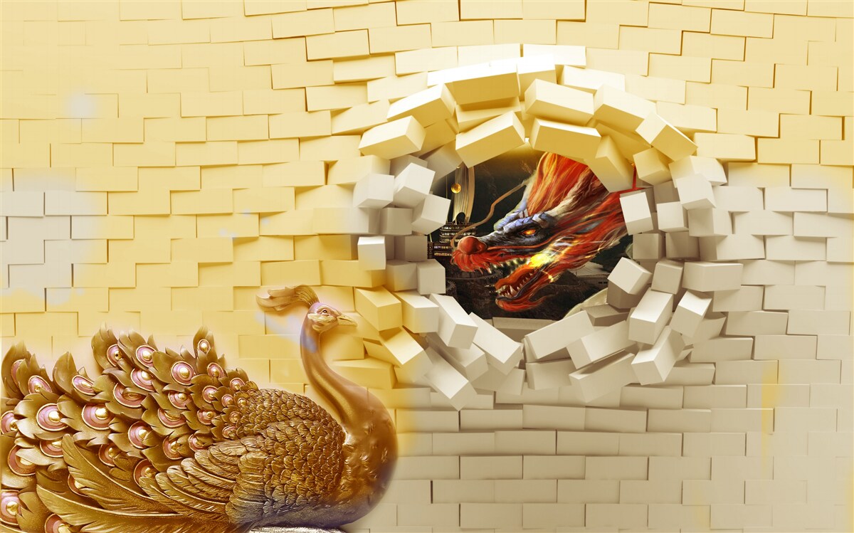 Papier peint Le mur est détruit par un paon