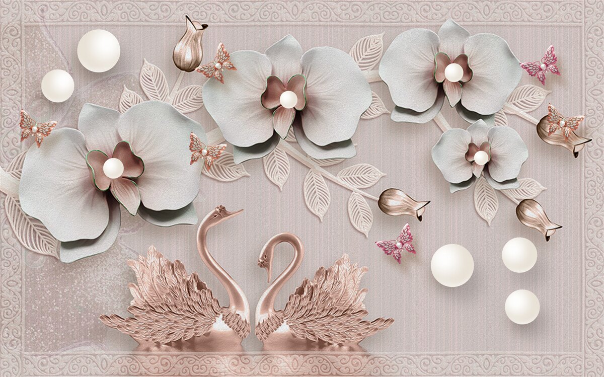 Papier peint des cygnes décorés d'or nagent parmi les fleurs d'eau
