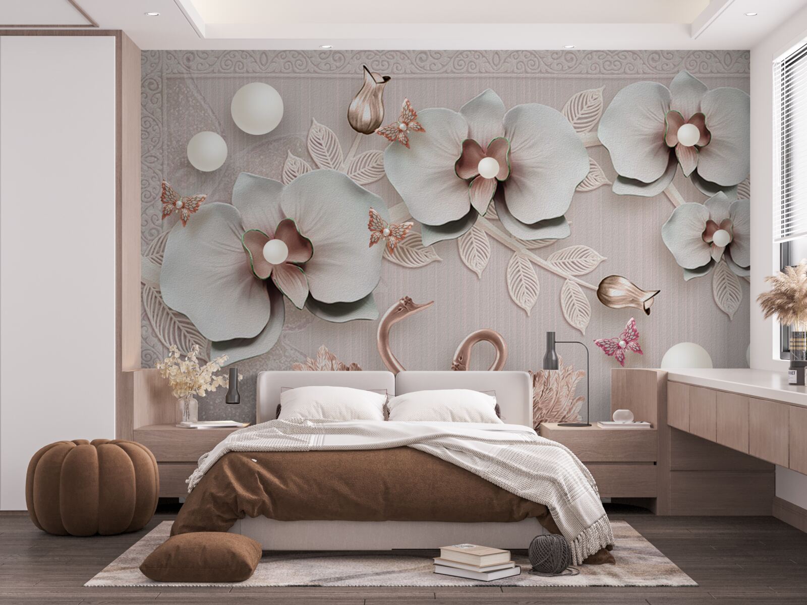 Papier peint des cygnes décorés d'or nagent parmi les fleurs d'eau