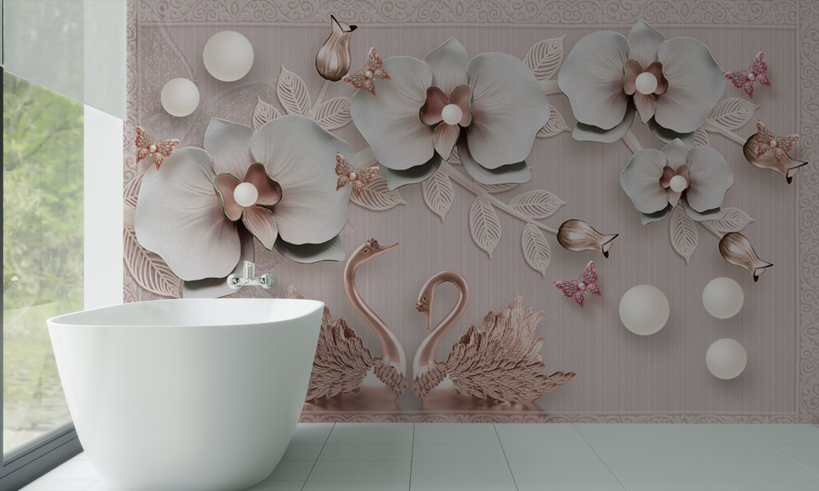 Papier peint des cygnes décorés d'or nagent parmi les fleurs d'eau