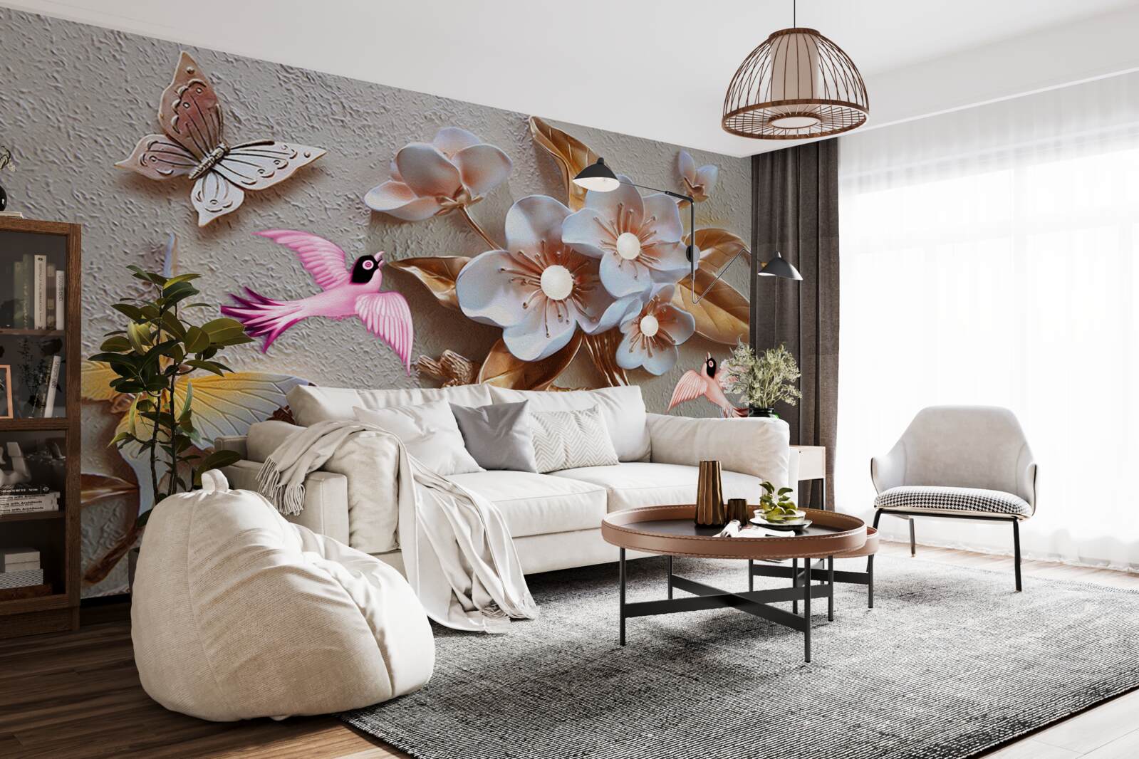 Papier peint les fleurs font la joie des papillons et des hirondelles