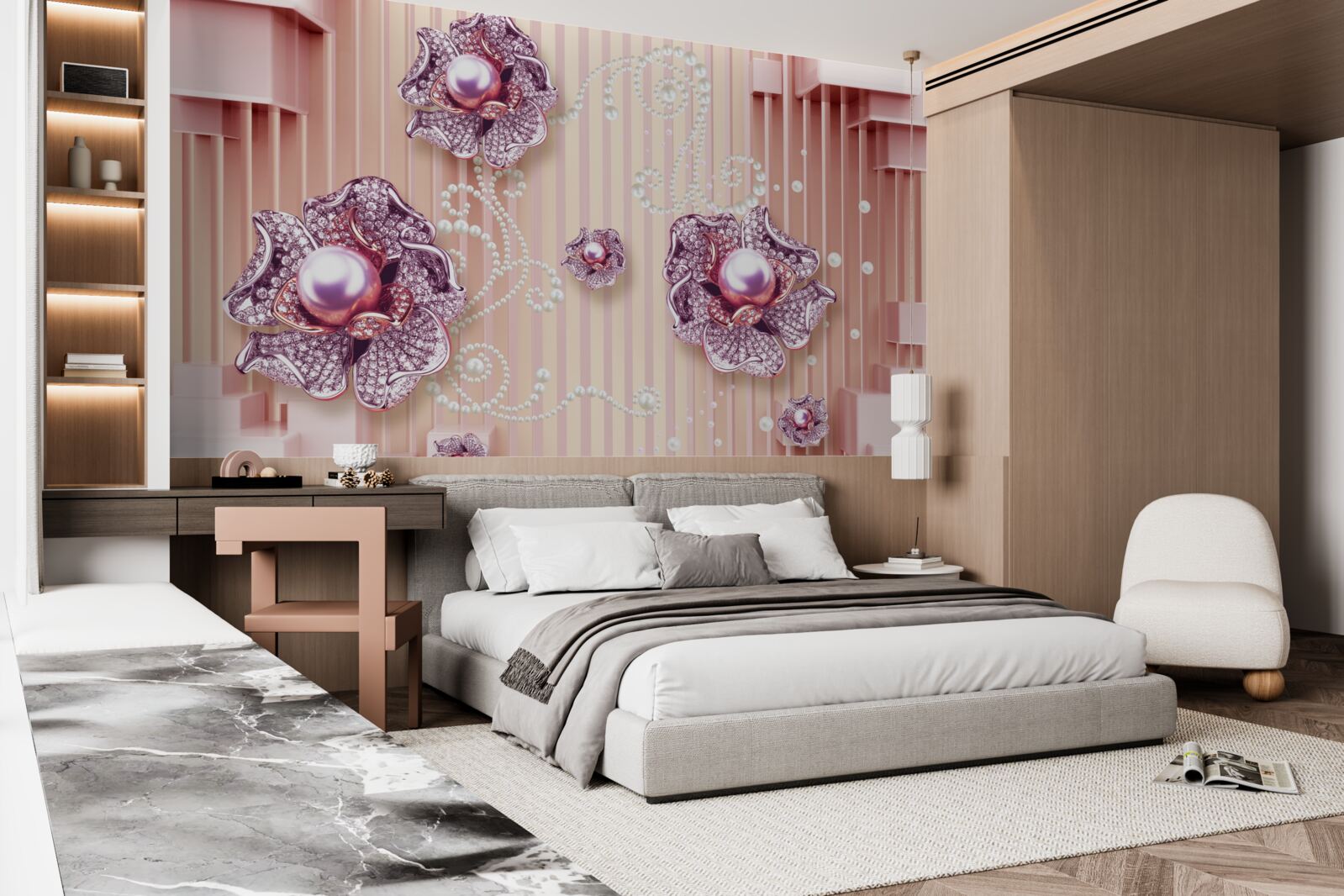 Papier peint fleurs en diamant et perles sur fond rose