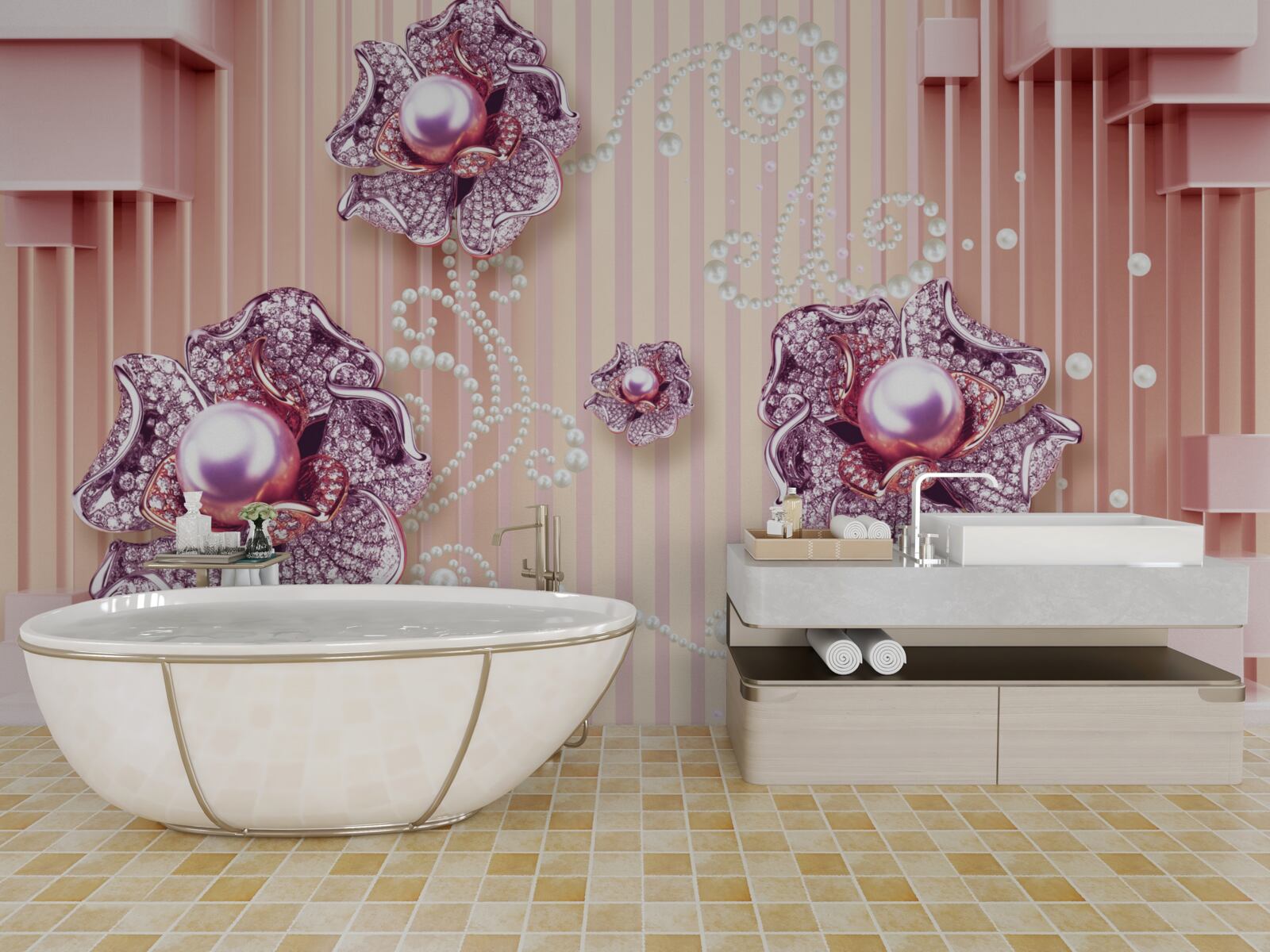 Papier peint fleurs en diamant et perles sur fond rose