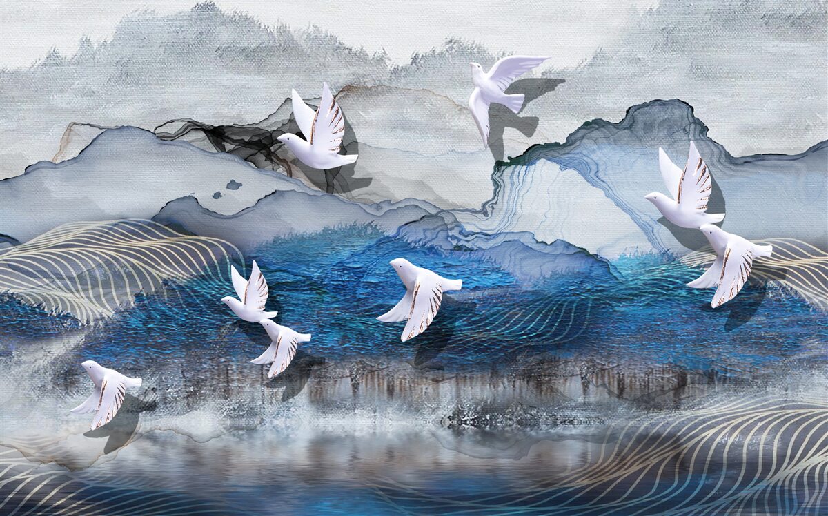Papier peint Les cygnes volent au-dessus de la tempête
