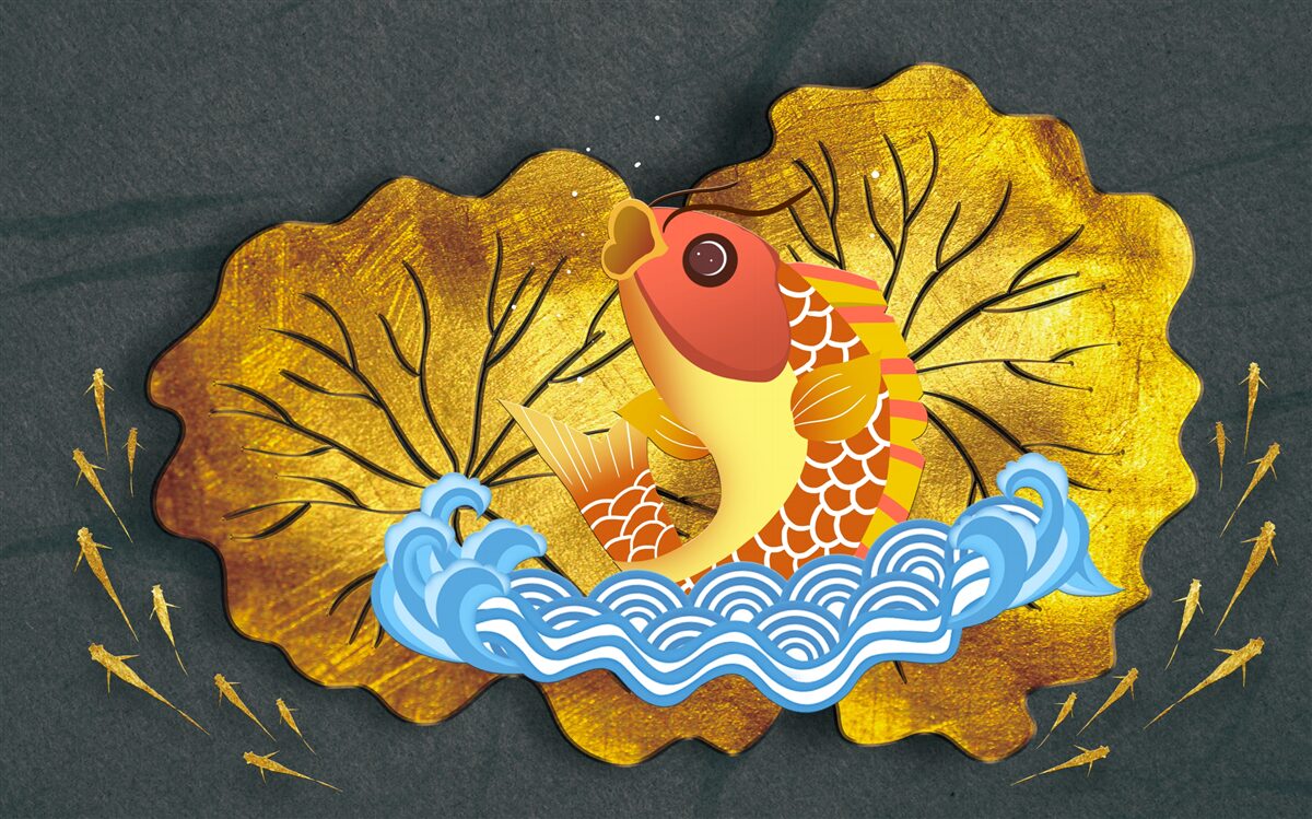 Papier peint feuilles d'automne et poissons dans l'eau