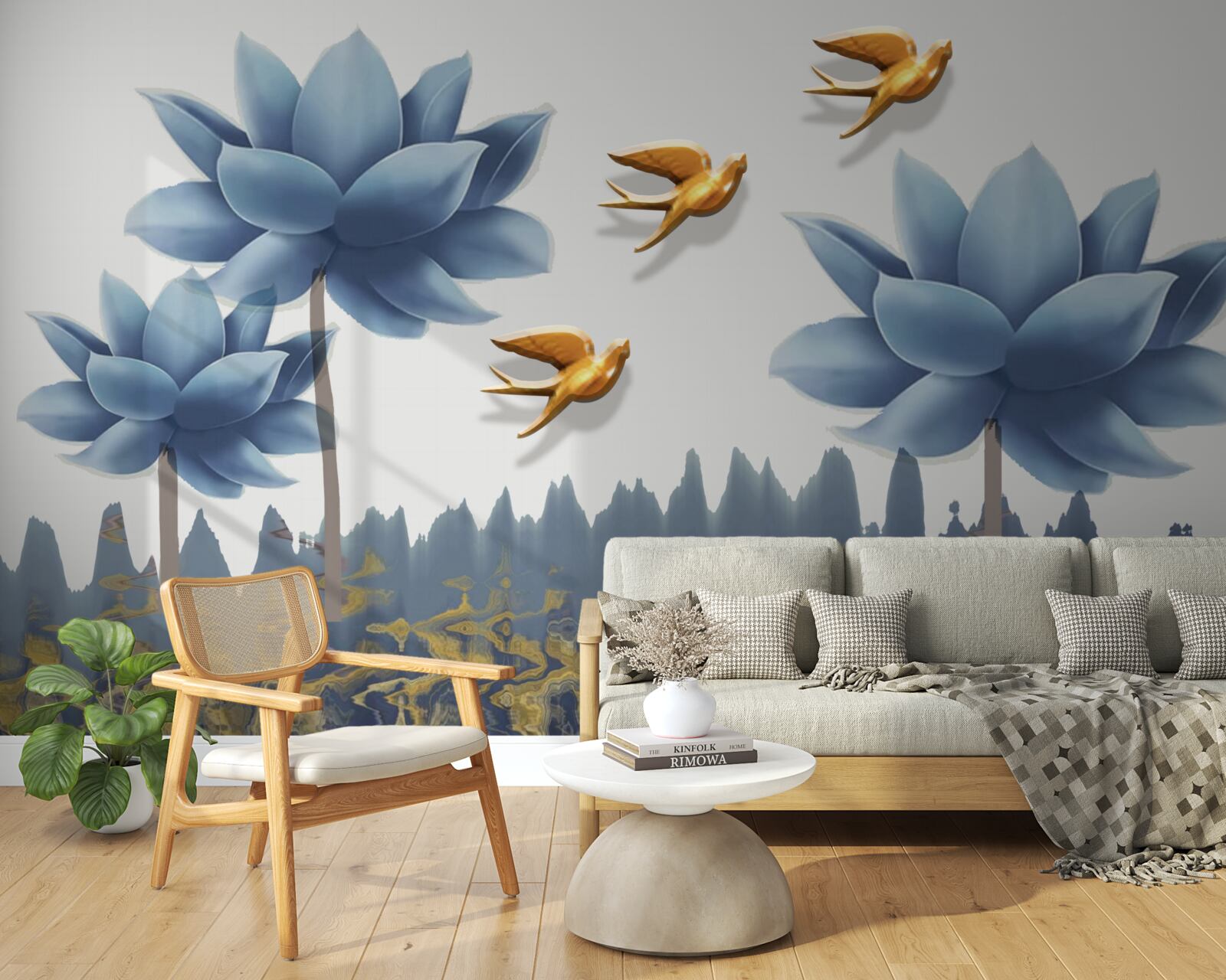 Papier peint des oiseaux dorés survolent une prairie parsemée de fleurs
