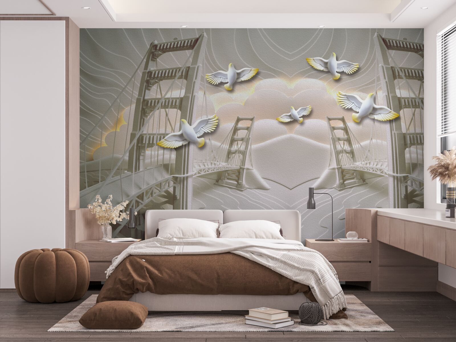 Papier peint reflet des cygnes sur les ponts