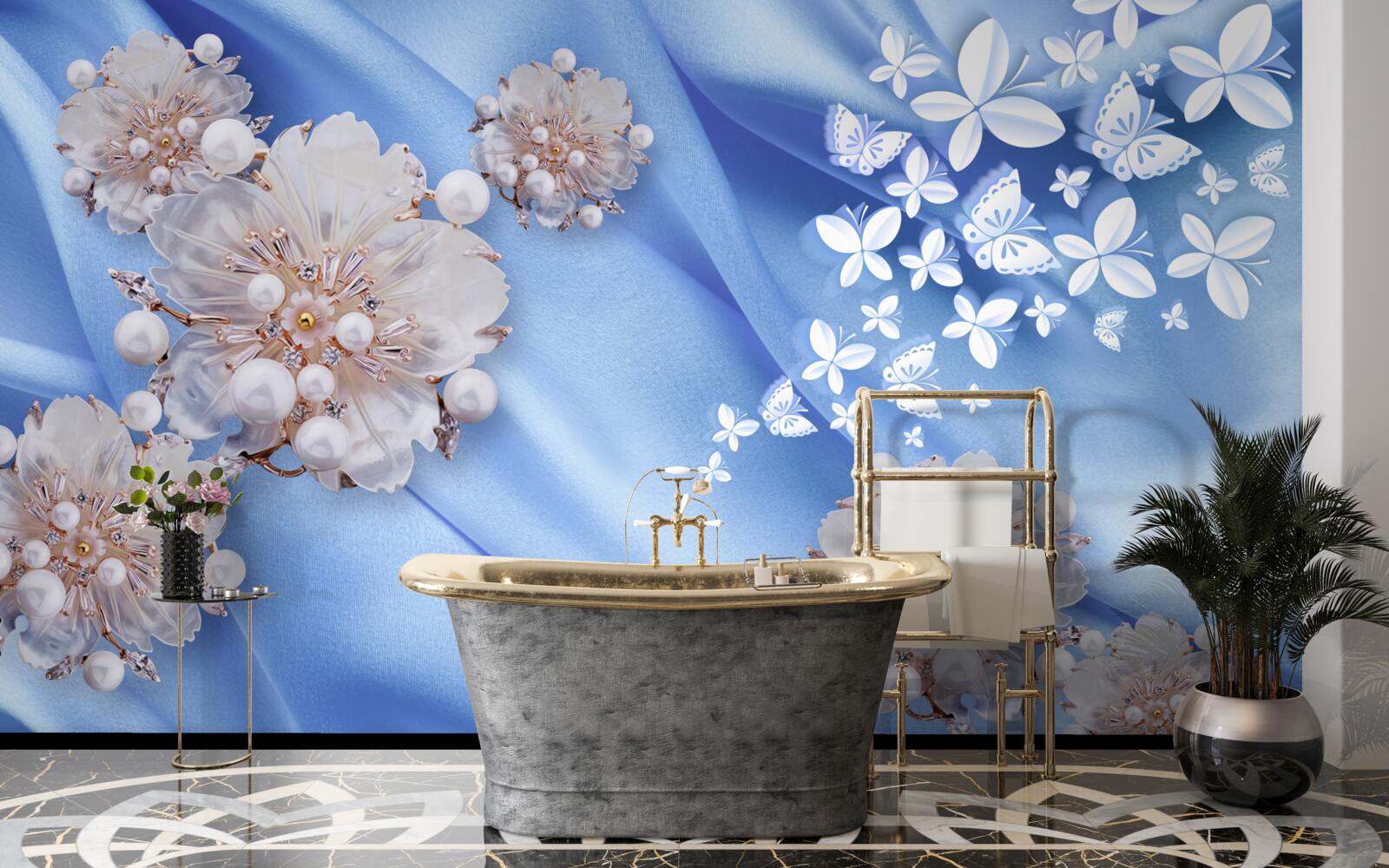 Papier peint papillons et fleurs blancs sur soie bleue