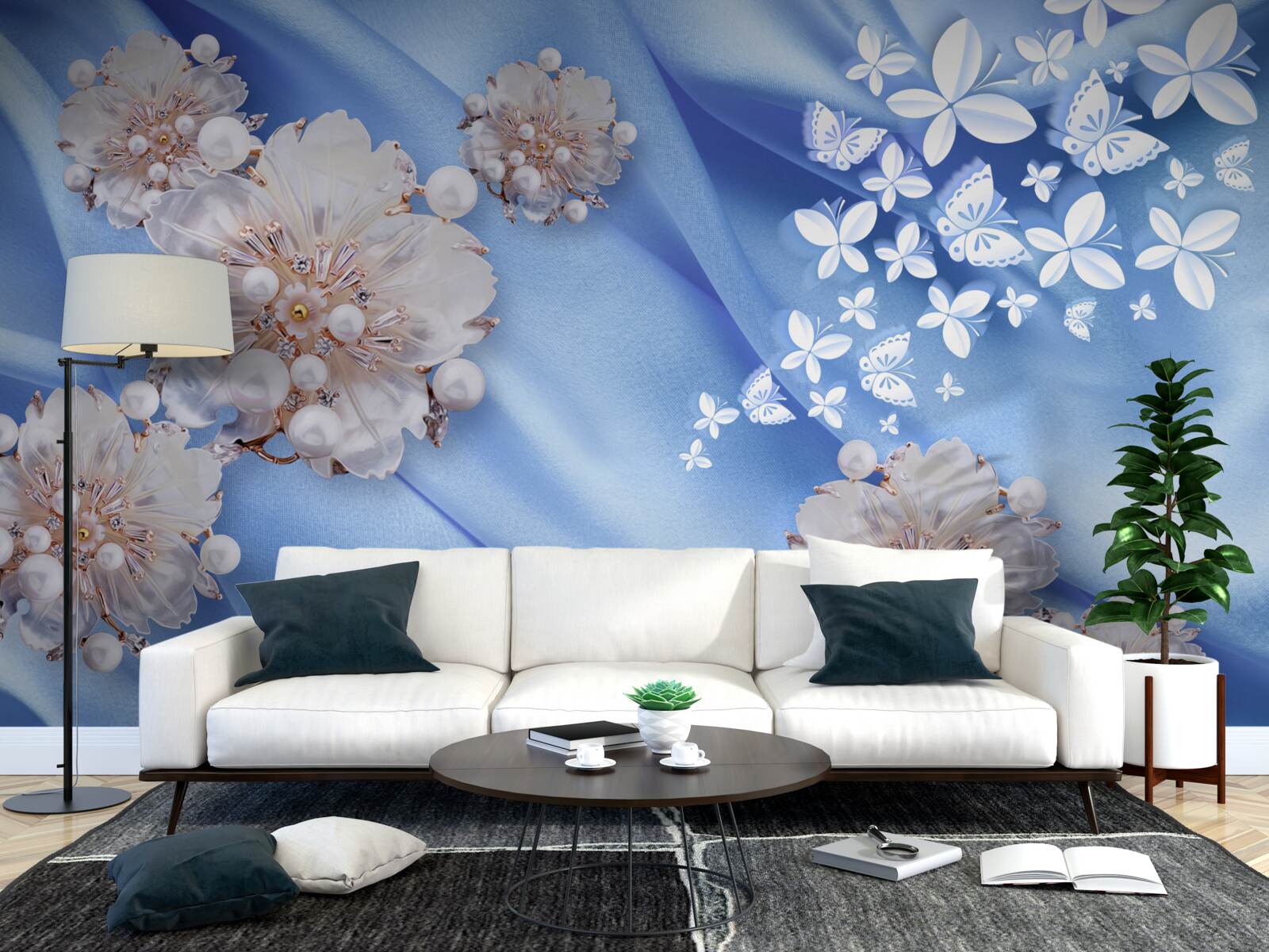 Papier peint papillons et fleurs blancs sur soie bleue