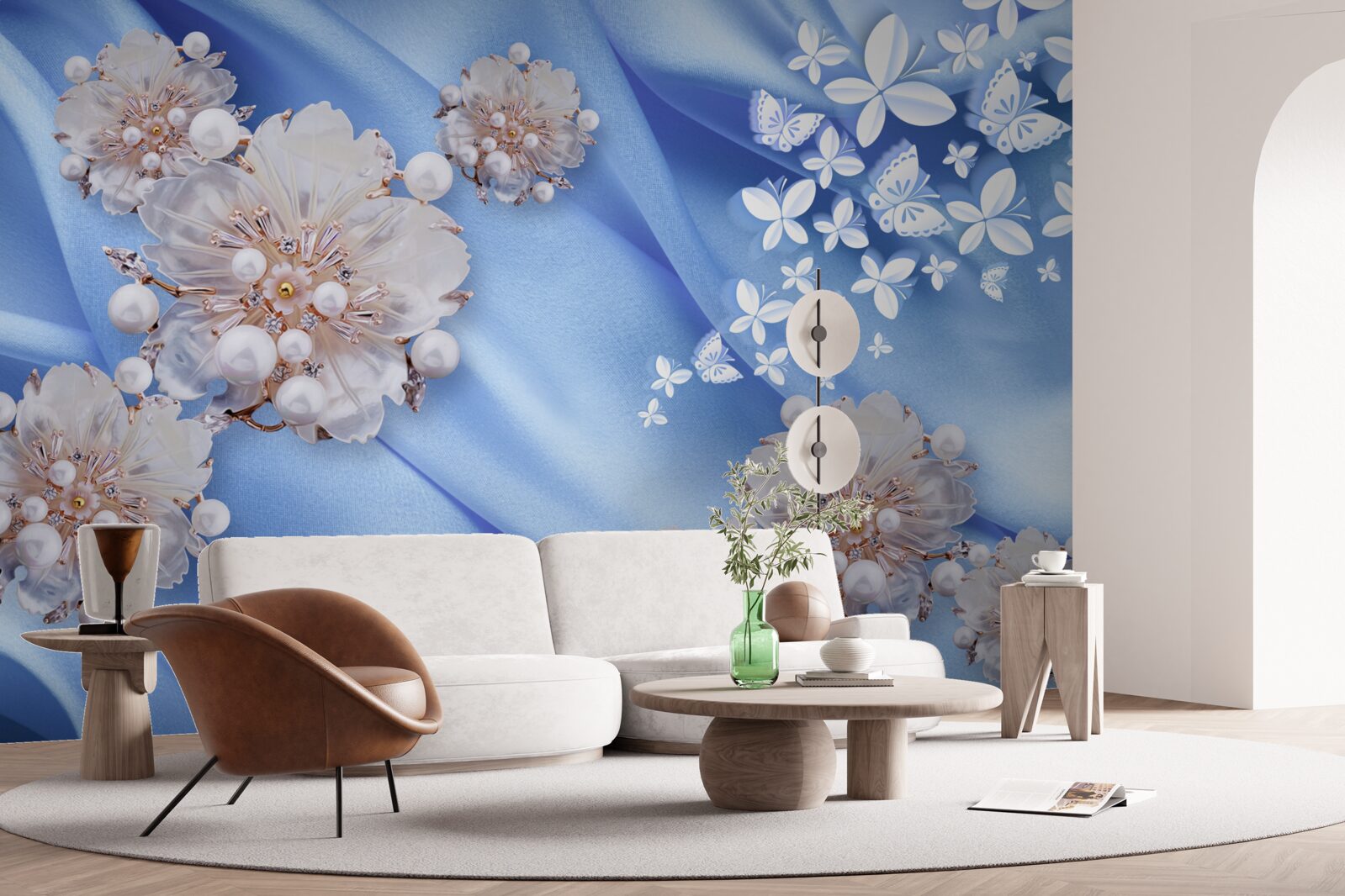 Papier peint papillons et fleurs blancs sur soie bleue
