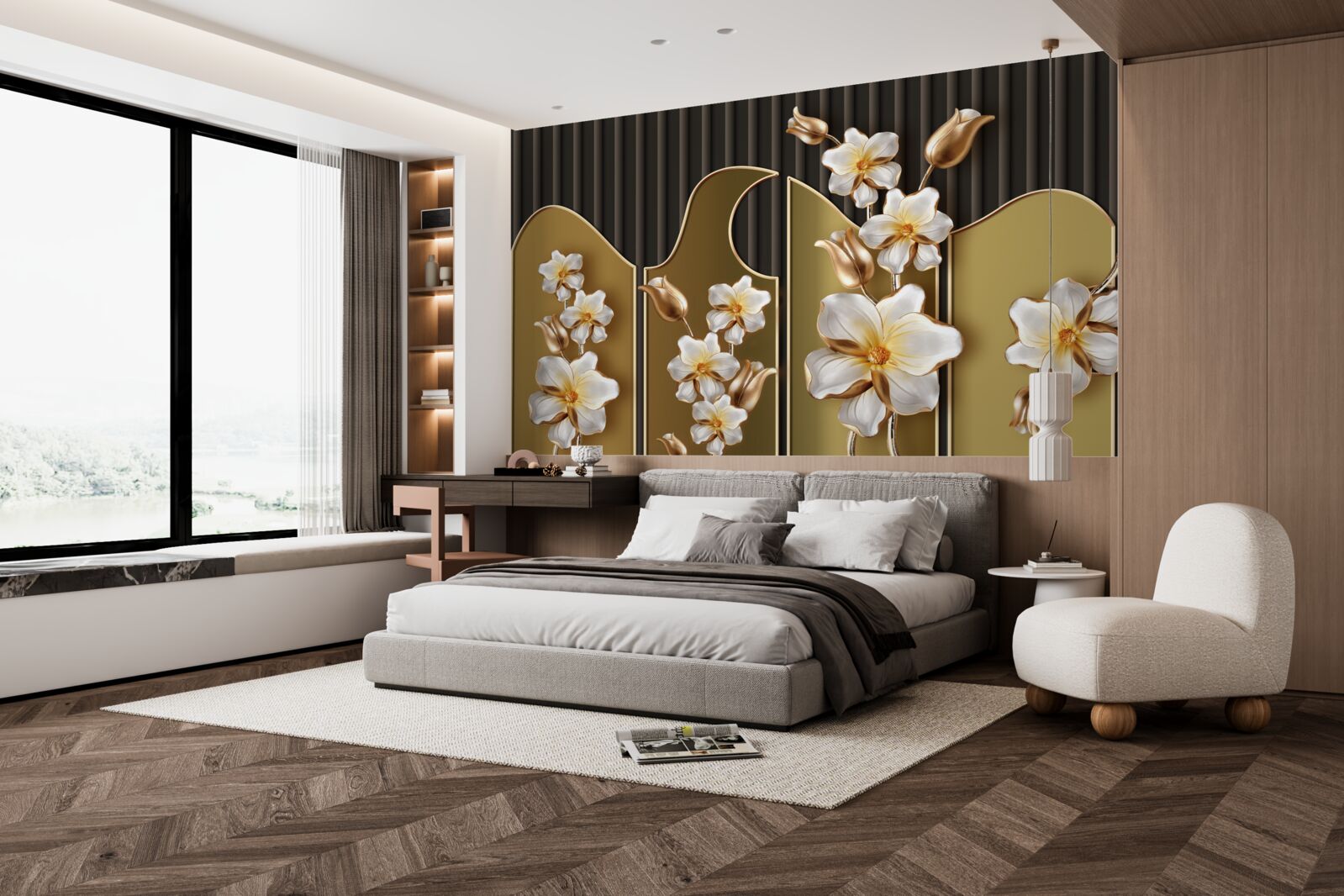 Papier peint Jacinthes blanches sur fond d'or